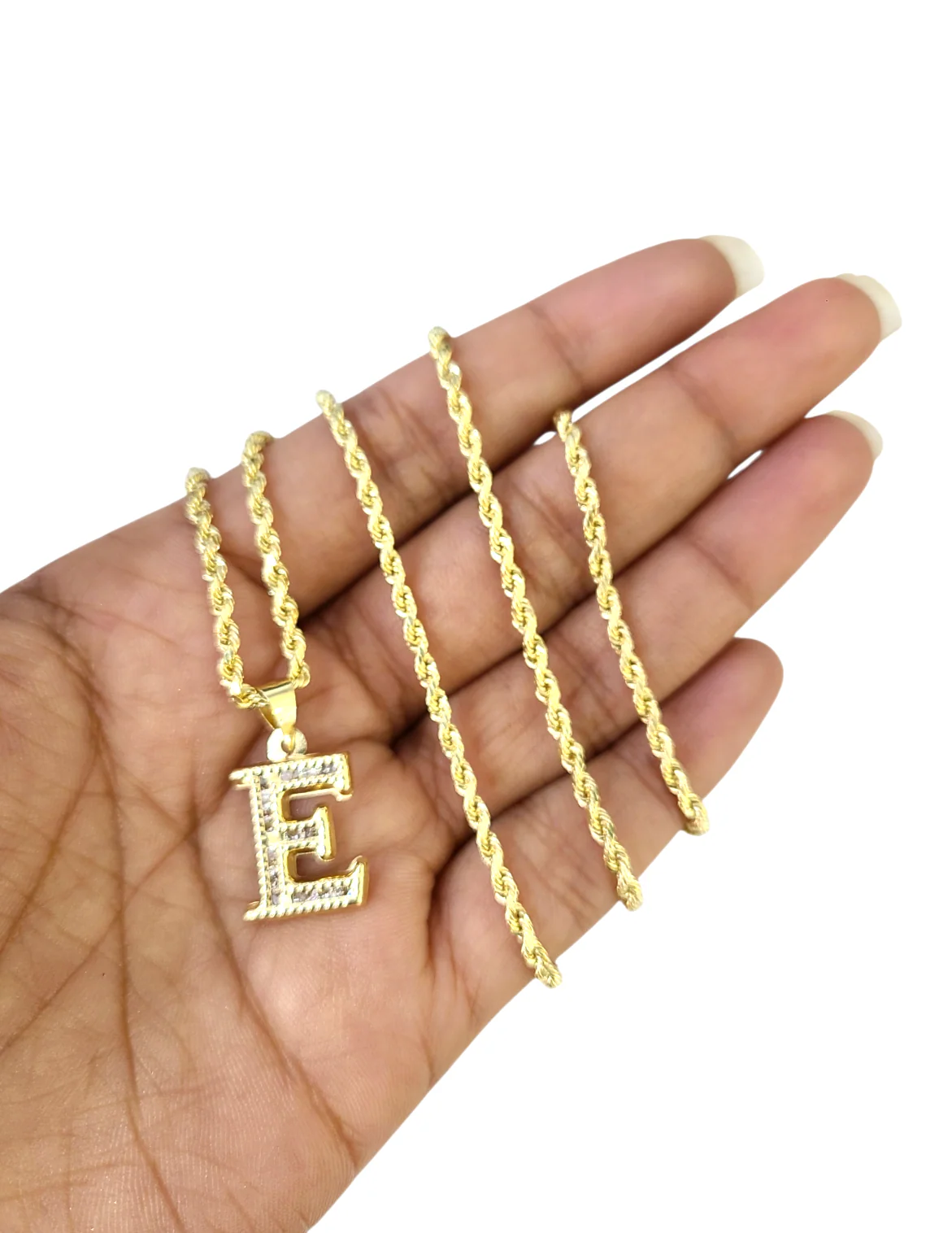 10k 2.5mm Rope Chain E Initial Alphabet Pendant 16"-28" Gold Set Charm Necklace