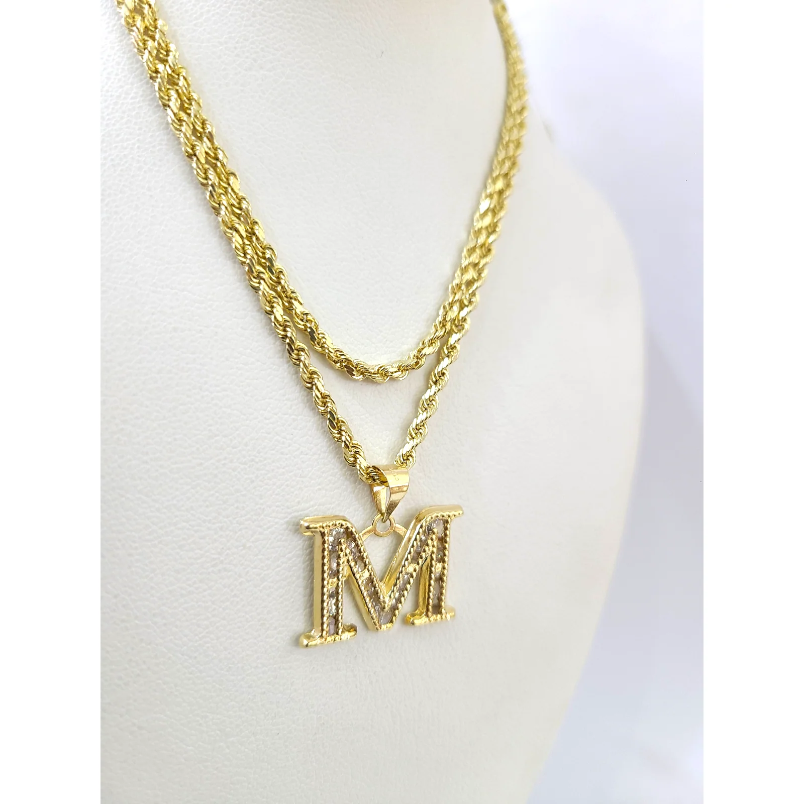 10k 2.5mm Rope Chain M Initial Alphabet Pendant 16"-28" Gold Set Charm Necklace - Image 2