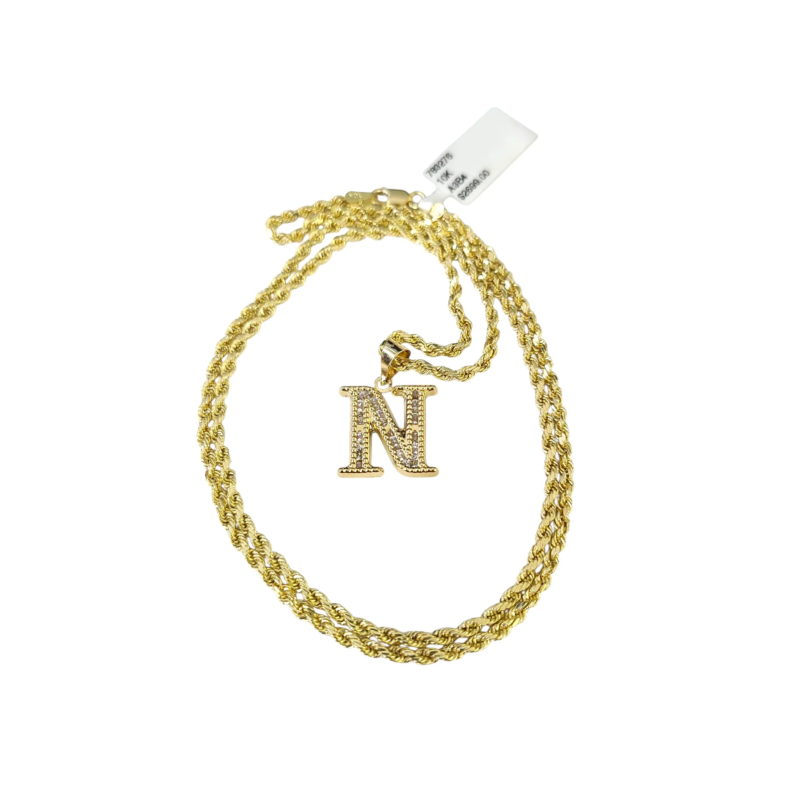 10k 2.5mm Rope Chain N Initial Alphabet Pendant 16"-28" Gold Set Charm Necklace