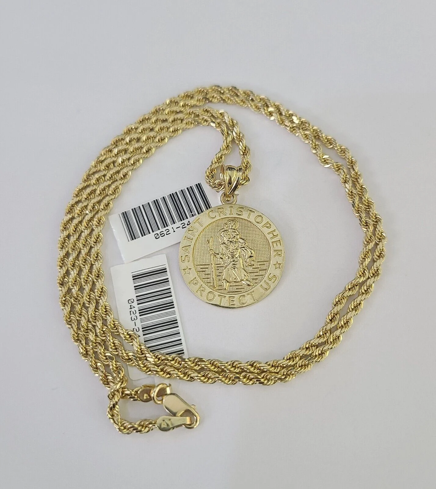 10k 2.5mm Rope Chain Saint Christopher Pendant 18"-30" Gold Set Charm Necklace - Image 3