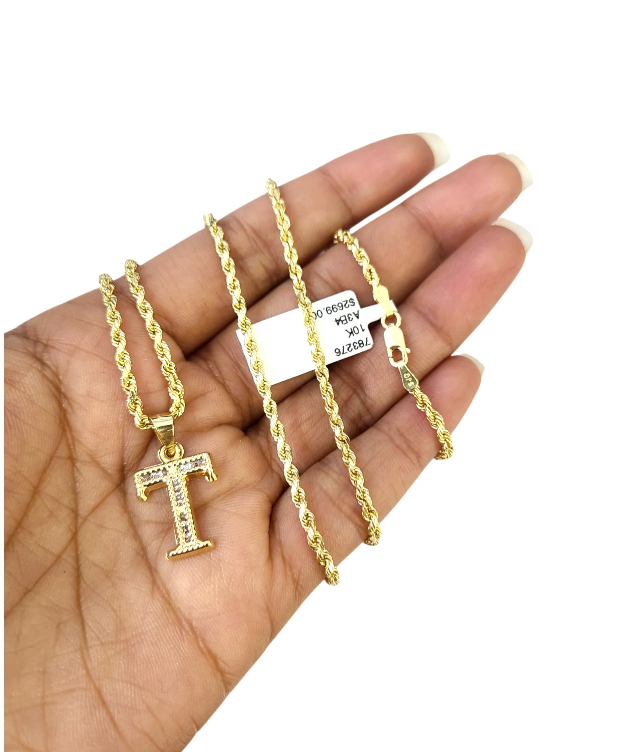 10k 2.5mm Rope Chain T Initial Alphabet Pendant 16"-28" Gold Set Charm Necklace