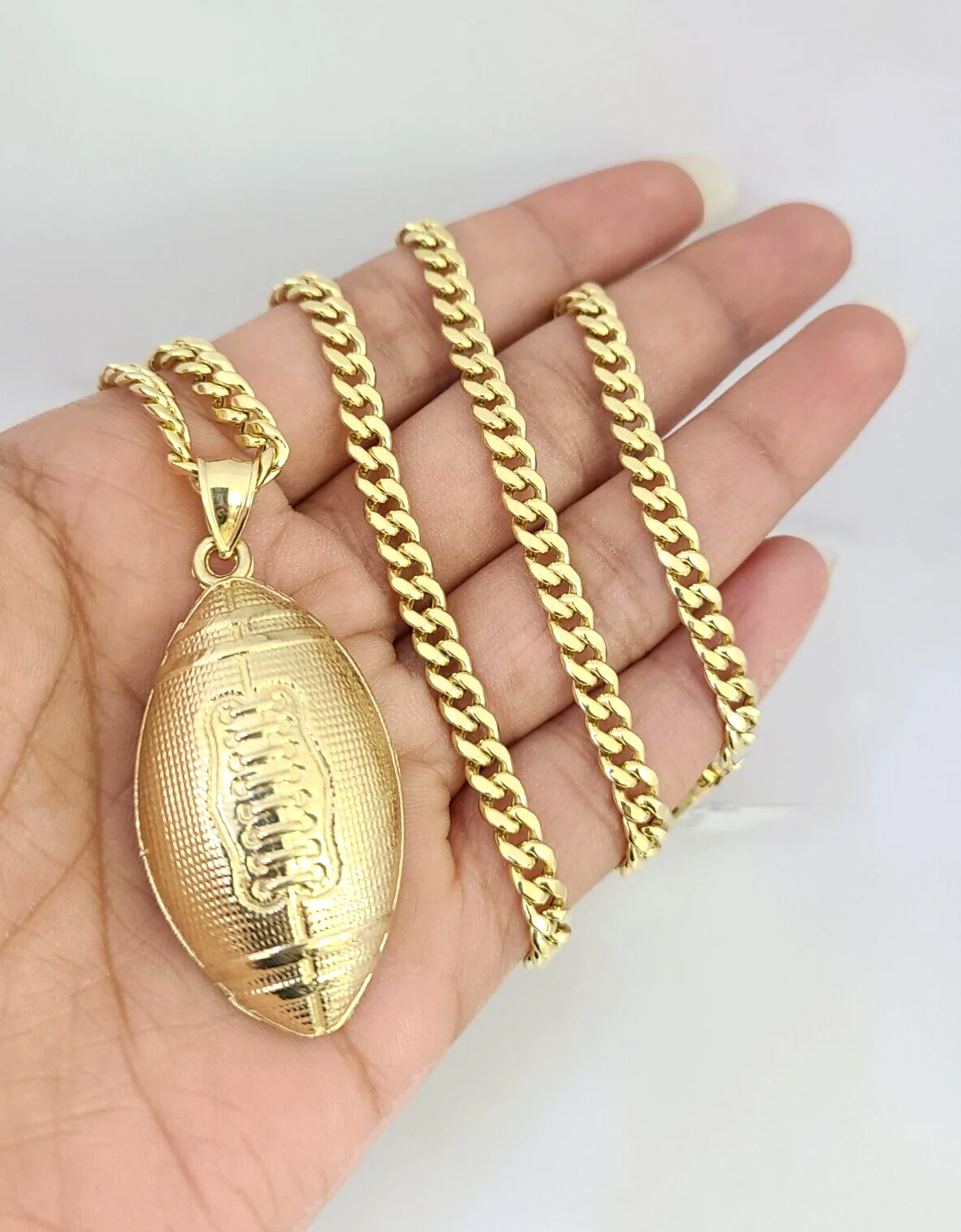 10k Foot Ball Charm Miami Cuban Chain Pendant Set 5mm Necklace Yellow Gold - Image 5