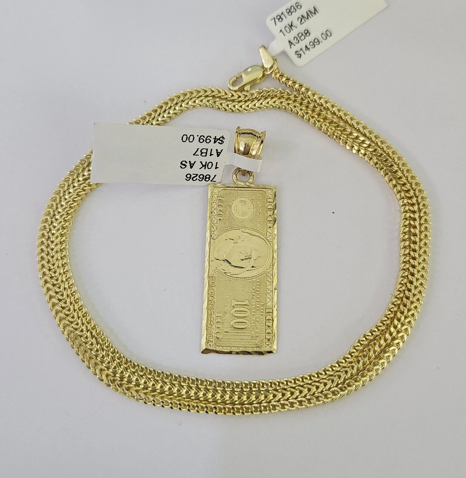 10K Franco Chain 100 Money Dollar Pendant Charm Necklace 16"-24" 2mm Gold SET - Image 7