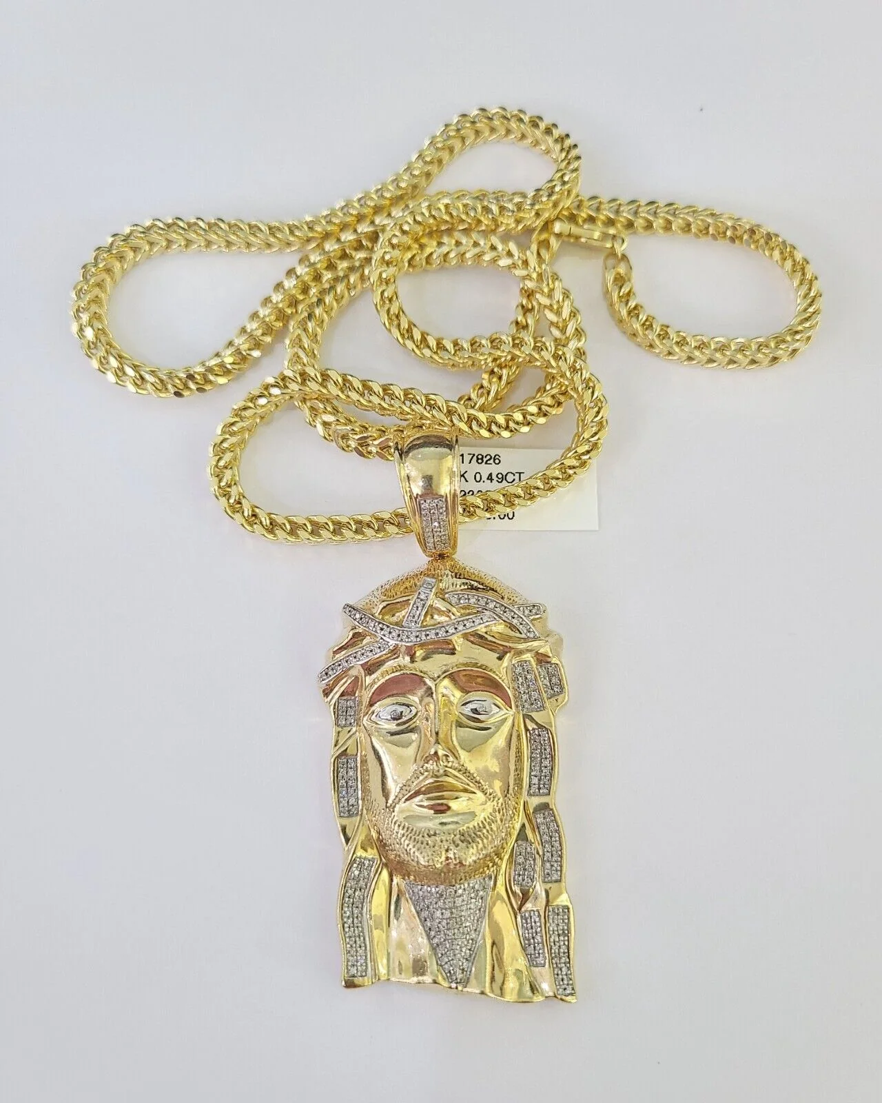 10K Franco Chain Diamond Jesus Head Pendant Charm Necklace 20"-28" 4mm Gold SET - Image 4