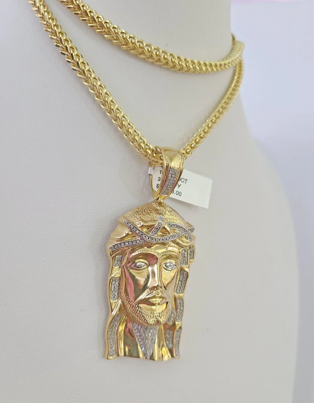 10K Franco Chain Diamond Jesus Head Pendant Charm Necklace 20"-28" 4mm Gold SET - Image 5