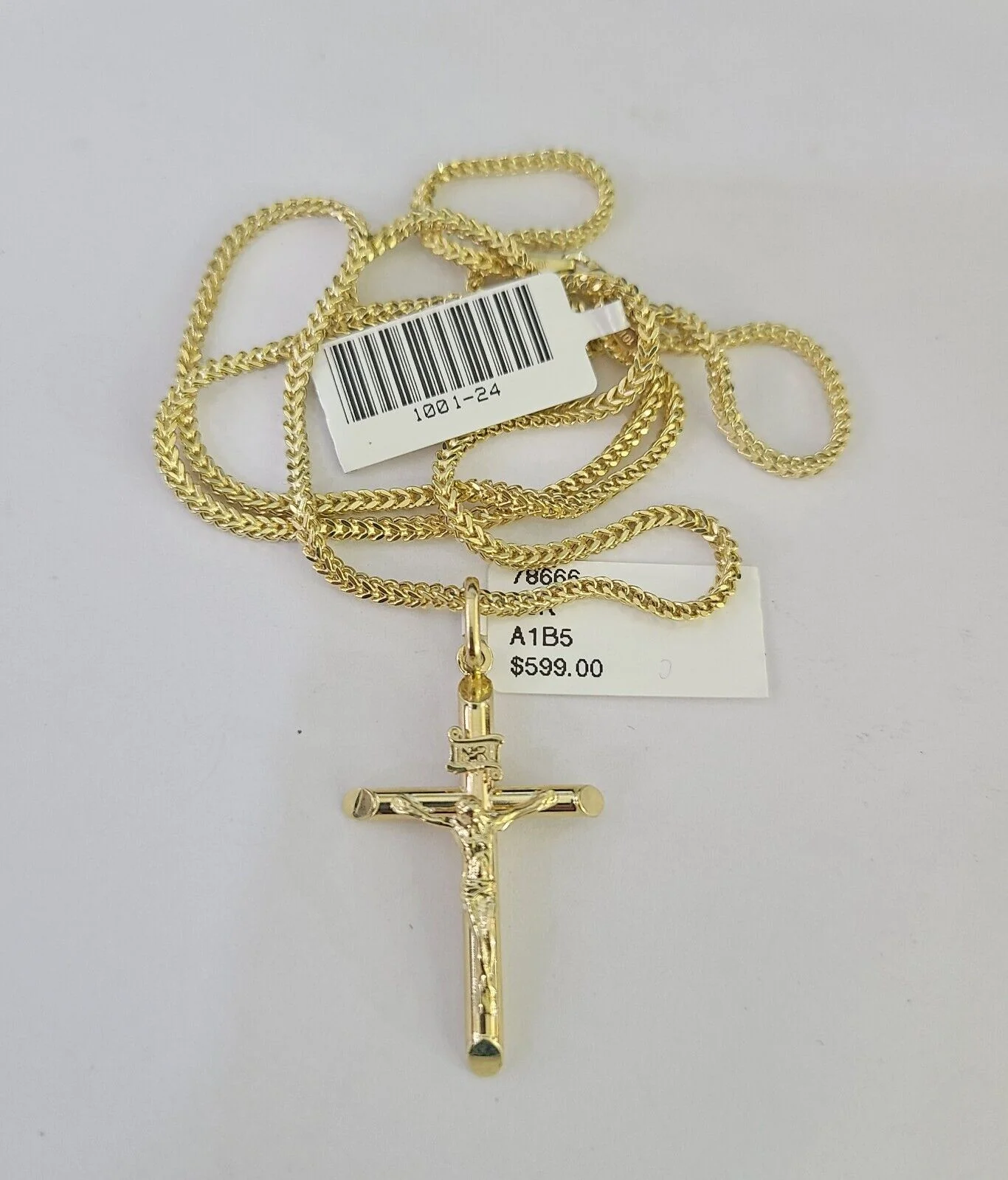 10K Franco Chain INRI Jesus Cross Pendant Charm Necklace 16"-24" 2mm Gold SET - Image 5