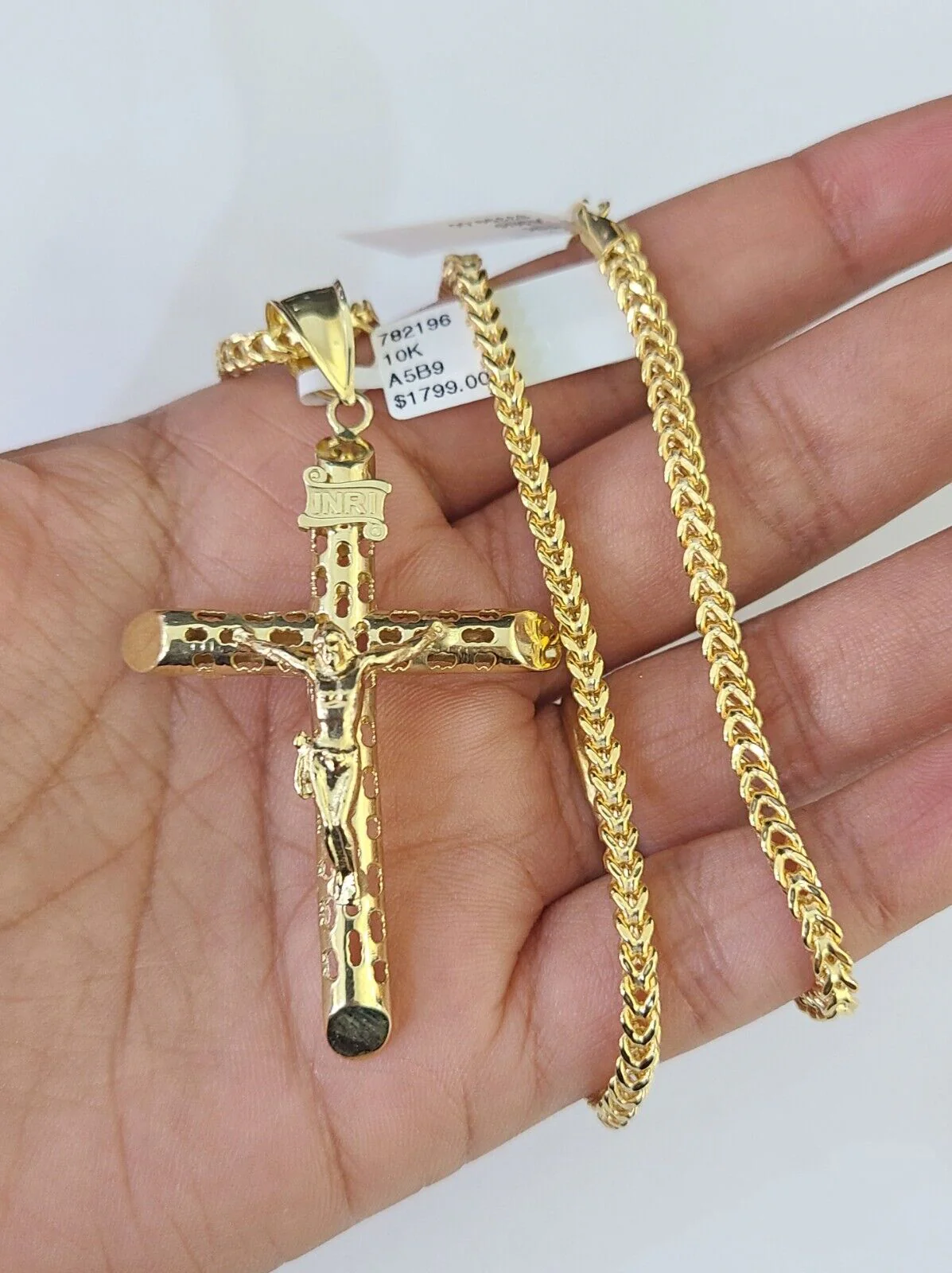 10K Franco Chain INRI Jesus Cross Pendant Charm Necklace 20"-26" 3mm Gold - Image 2
