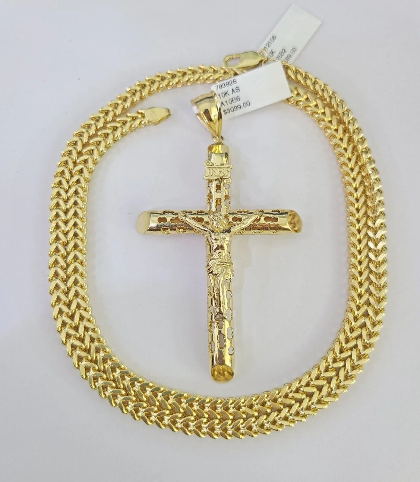 10K Franco Chain INRI Jesus Cross Pendant Charm Necklace 20"-26" 5mm Gold SET - Image 3