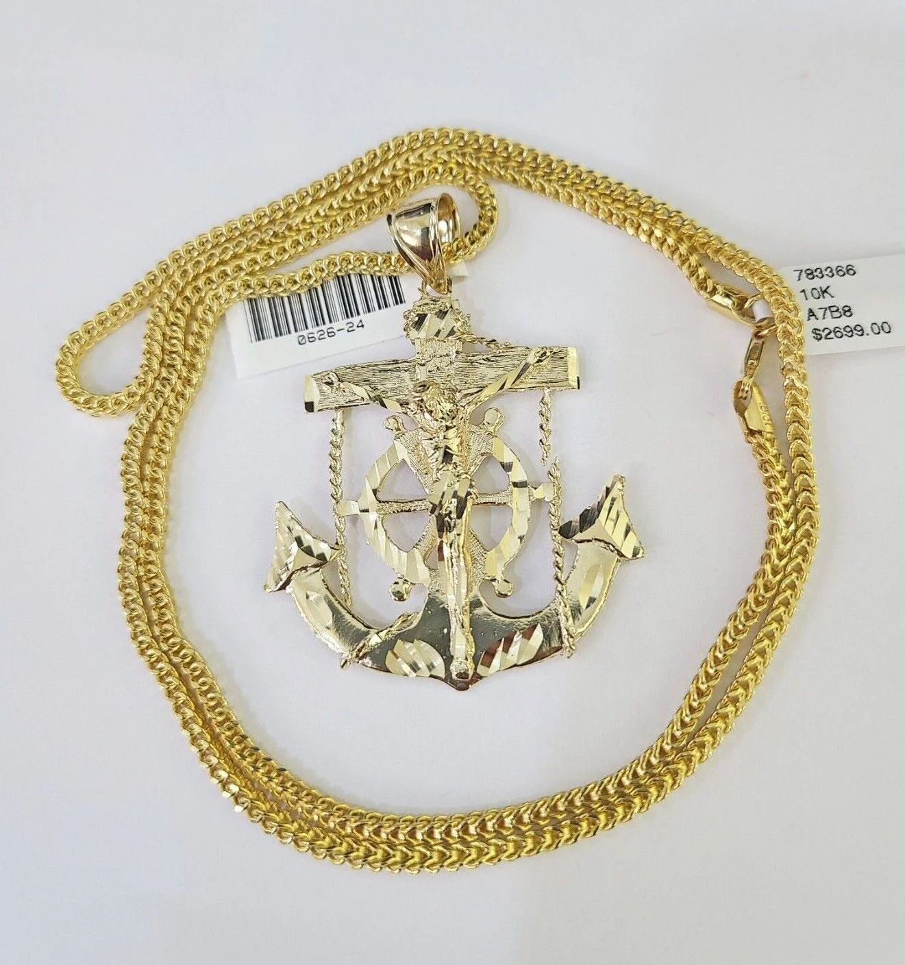 10K Franco Chain Jesus Anchor Pendant Charm Necklace 20"-26" 2.5mm Yellow Gold - Image 3