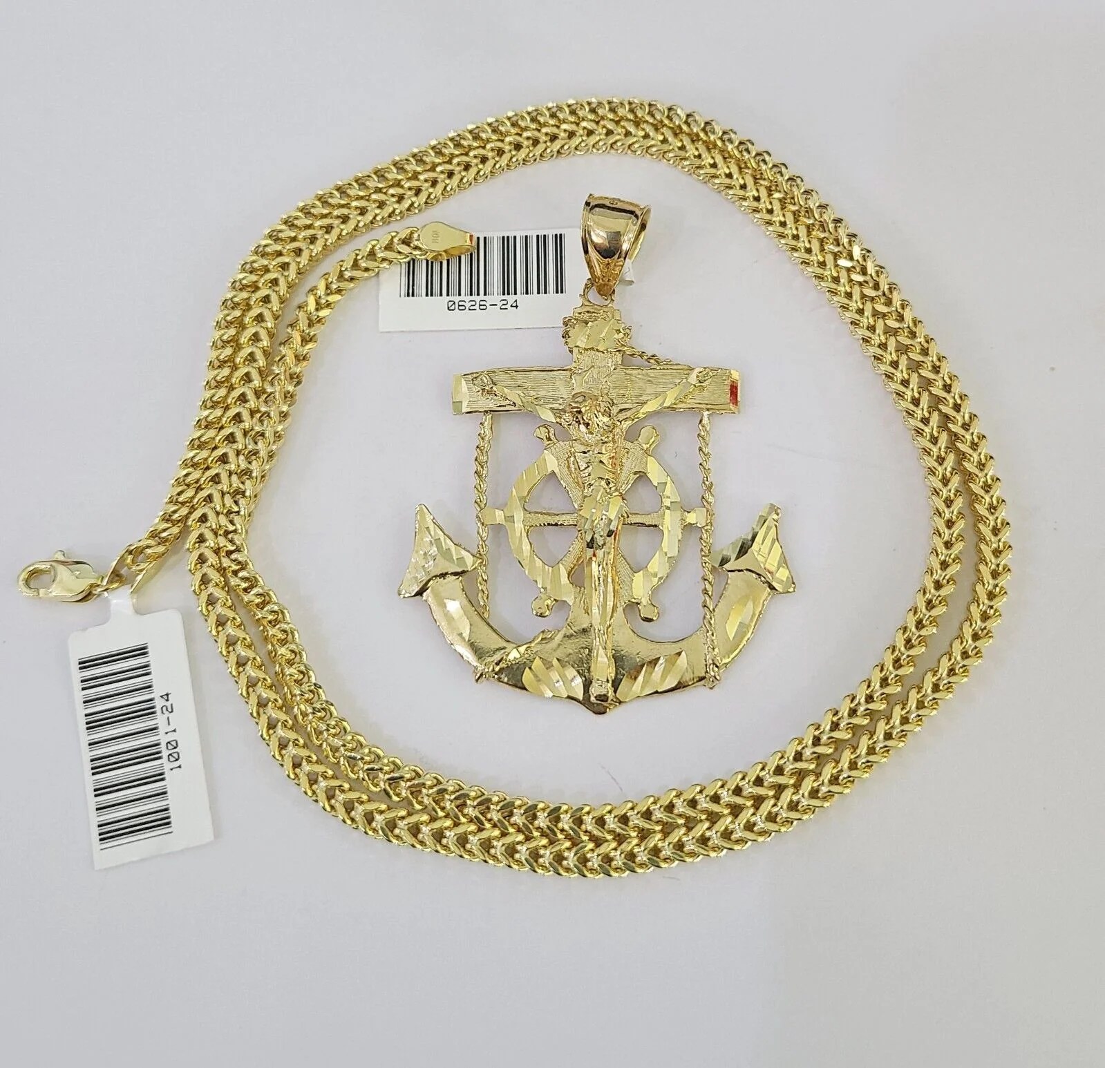 10K Franco Chain Jesus Anchor Pendant Charm Necklace 20"-26" 3mm Gold Yellow SET - Image 3