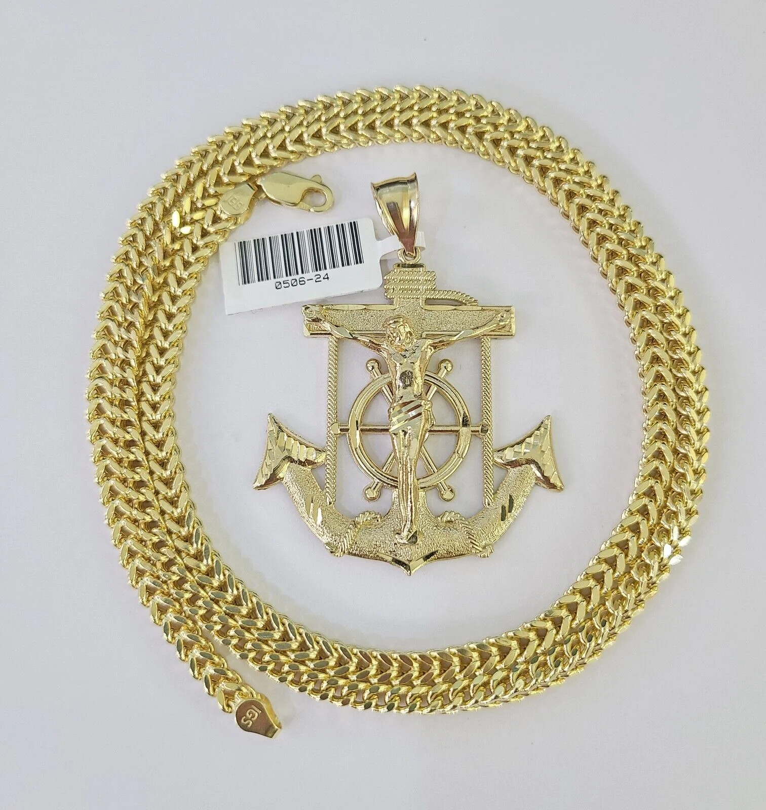 10K Franco Chain Jesus Anchor Pendant Charm Necklace 20"-28" 4mm Yellow Gold SET - Image 3