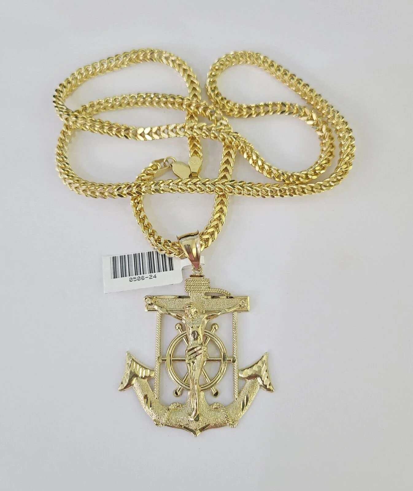 10K Franco Chain Jesus Anchor Pendant Charm Necklace 20"-28" 4mm Yellow Gold SET - Image 5