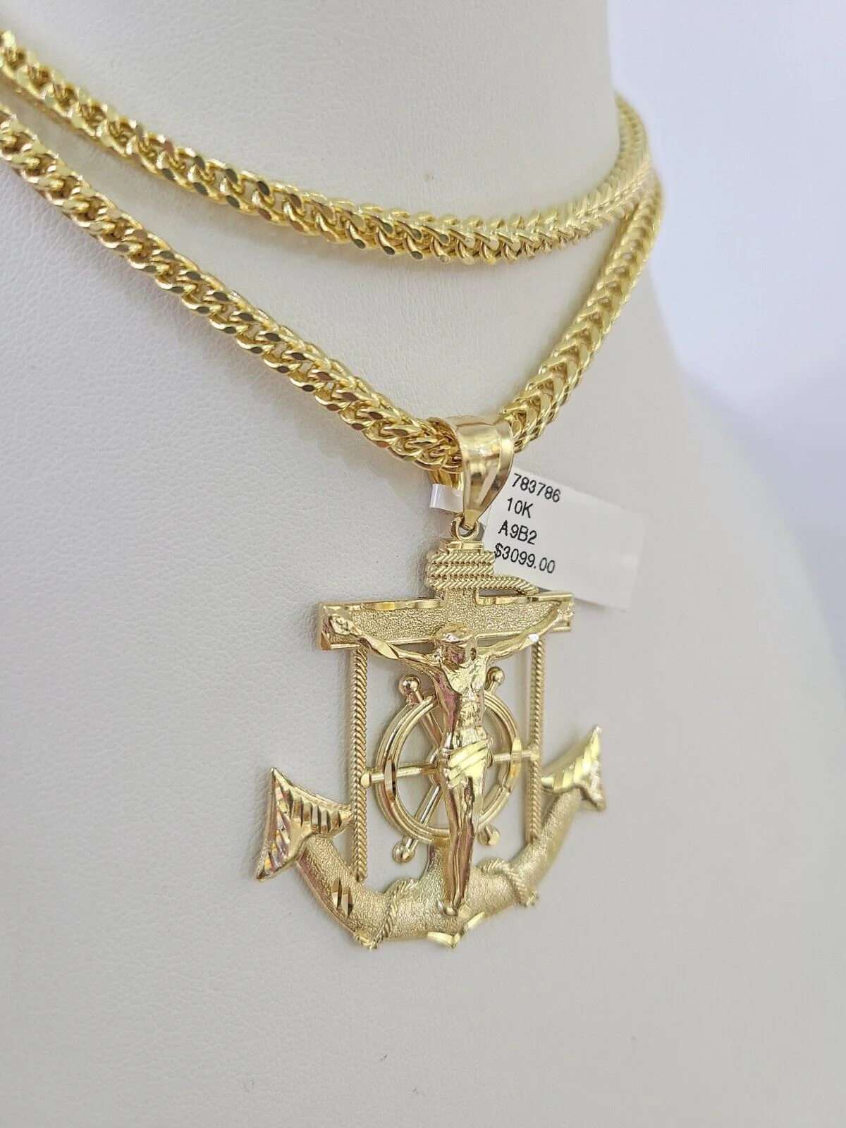10K Franco Chain Jesus Anchor Pendant Charm Necklace 20"-28" 4mm Yellow Gold SET - Image 6