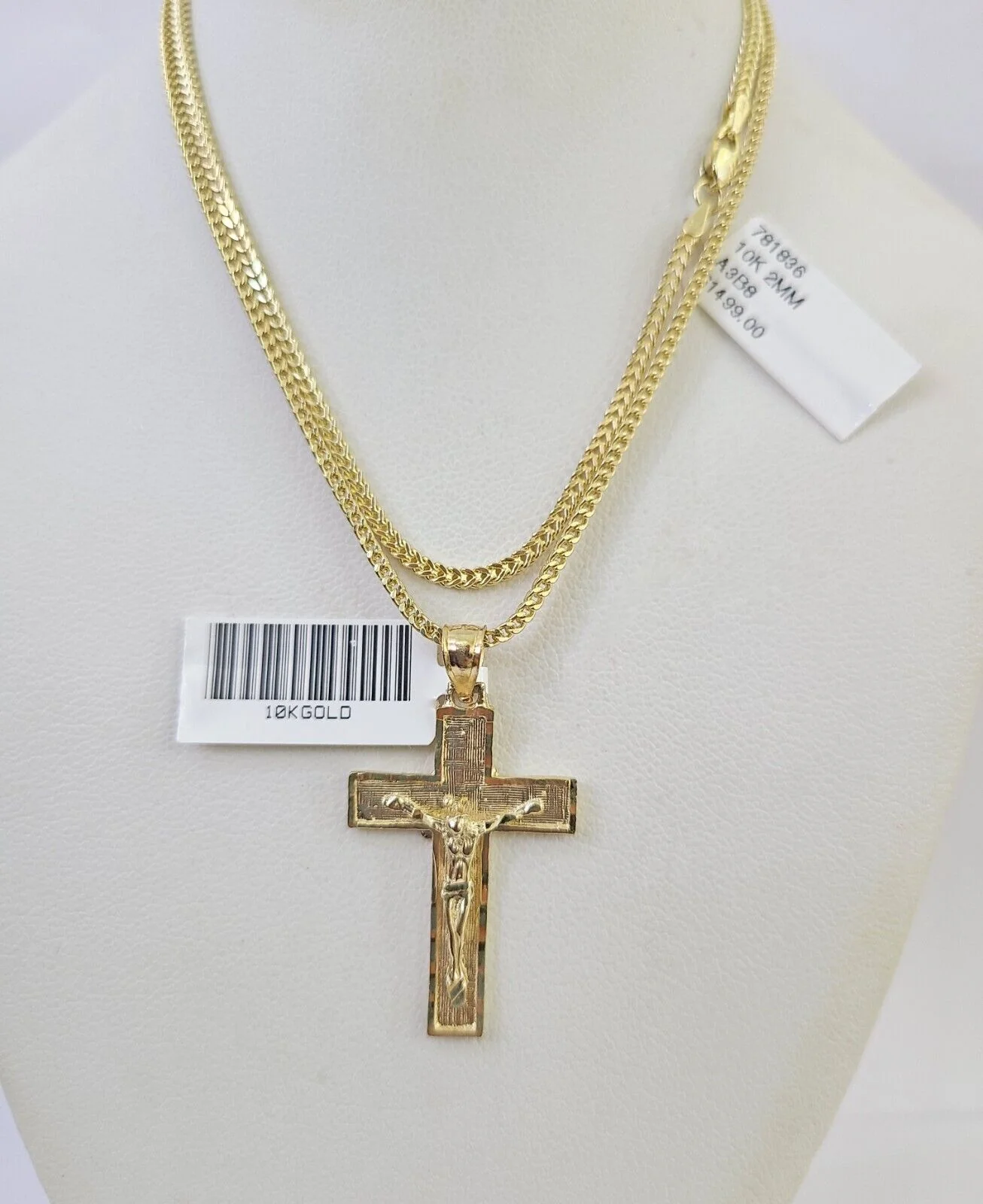 10K Franco Chain Jesus Cross Pendant Charm Necklace 16"-24" 2mm Gold SET Yellow - Image 6