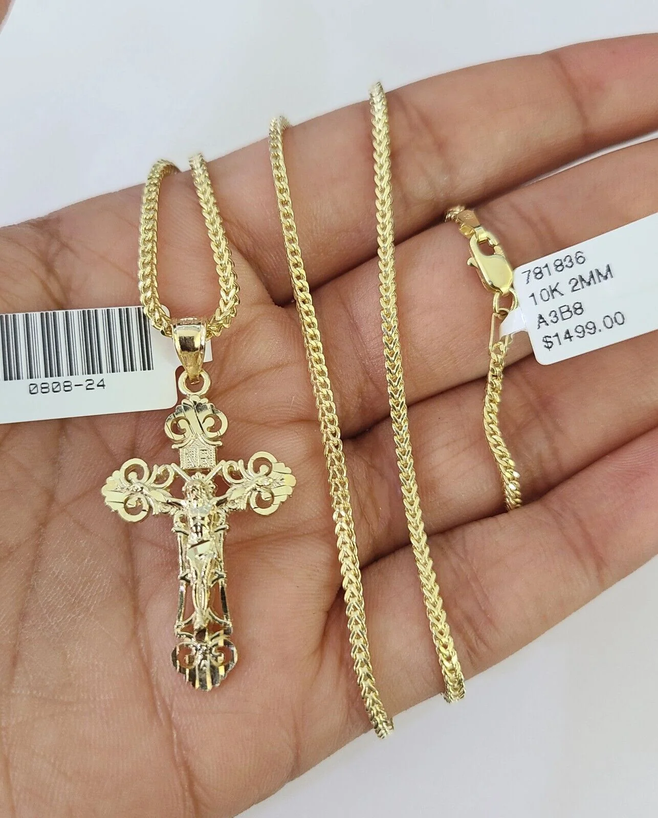 10K Franco Chain Jesus Cross Pendant Charm Necklace 16"-24" 2mm Gold SET Yellow - Image 6