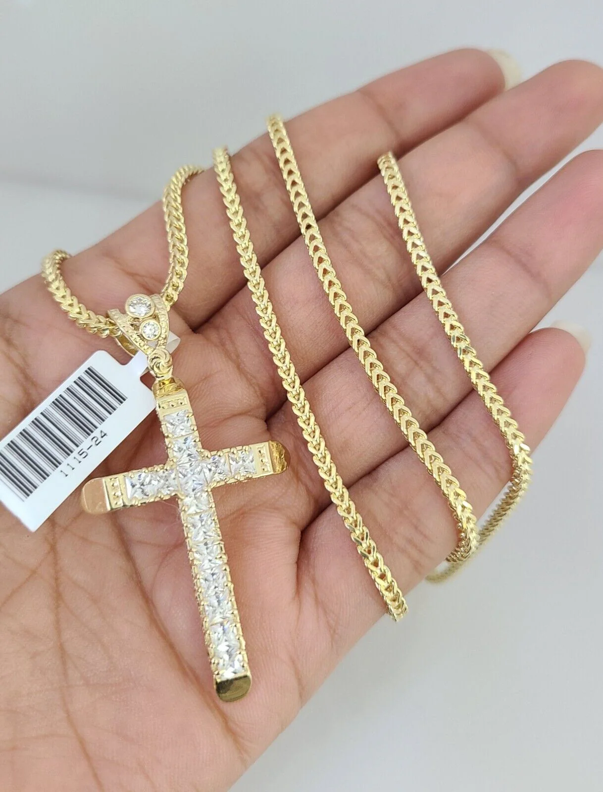 10K Franco Chain Jesus Cross Pendant Charm Necklace 18"-24" 2mm Gold SET Yellow