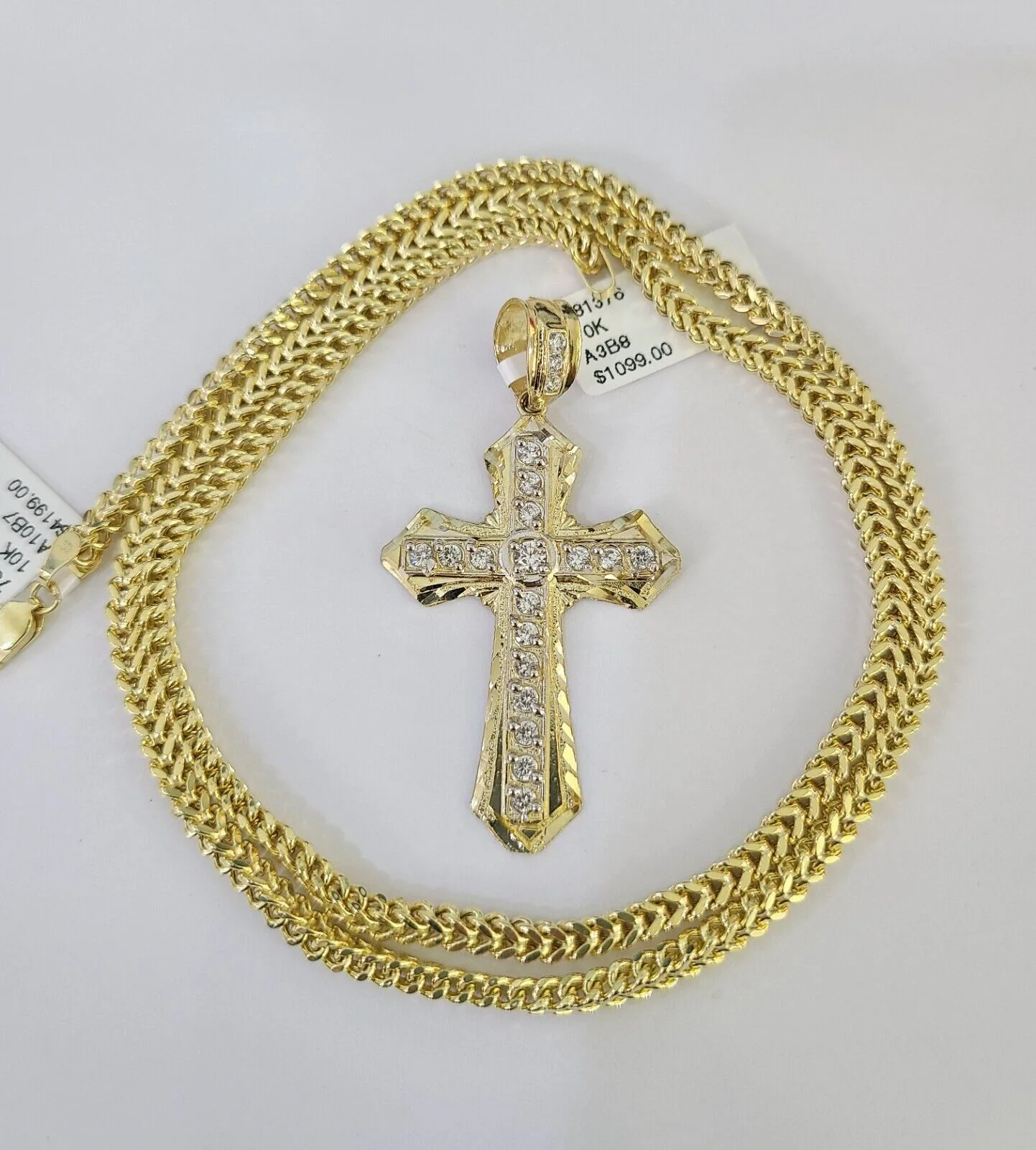 10K Franco Chain Jesus Cross Pendant Charm Necklace 20"-26" 3mm Gold Yellow SET - Image 2