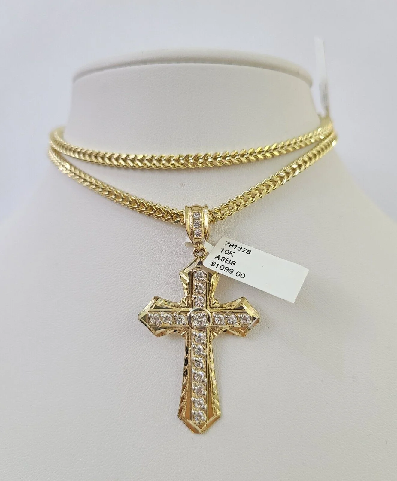 10K Franco Chain Jesus Cross Pendant Charm Necklace 20"-26" 3mm Gold Yellow SET - Image 3