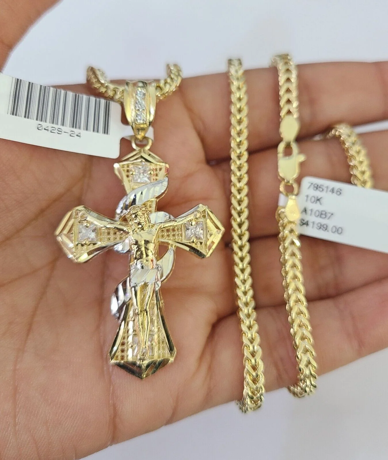10K Franco Chain Jesus Cross Pendant Charm Necklace 20"-26" 3mm Gold Yellow SET