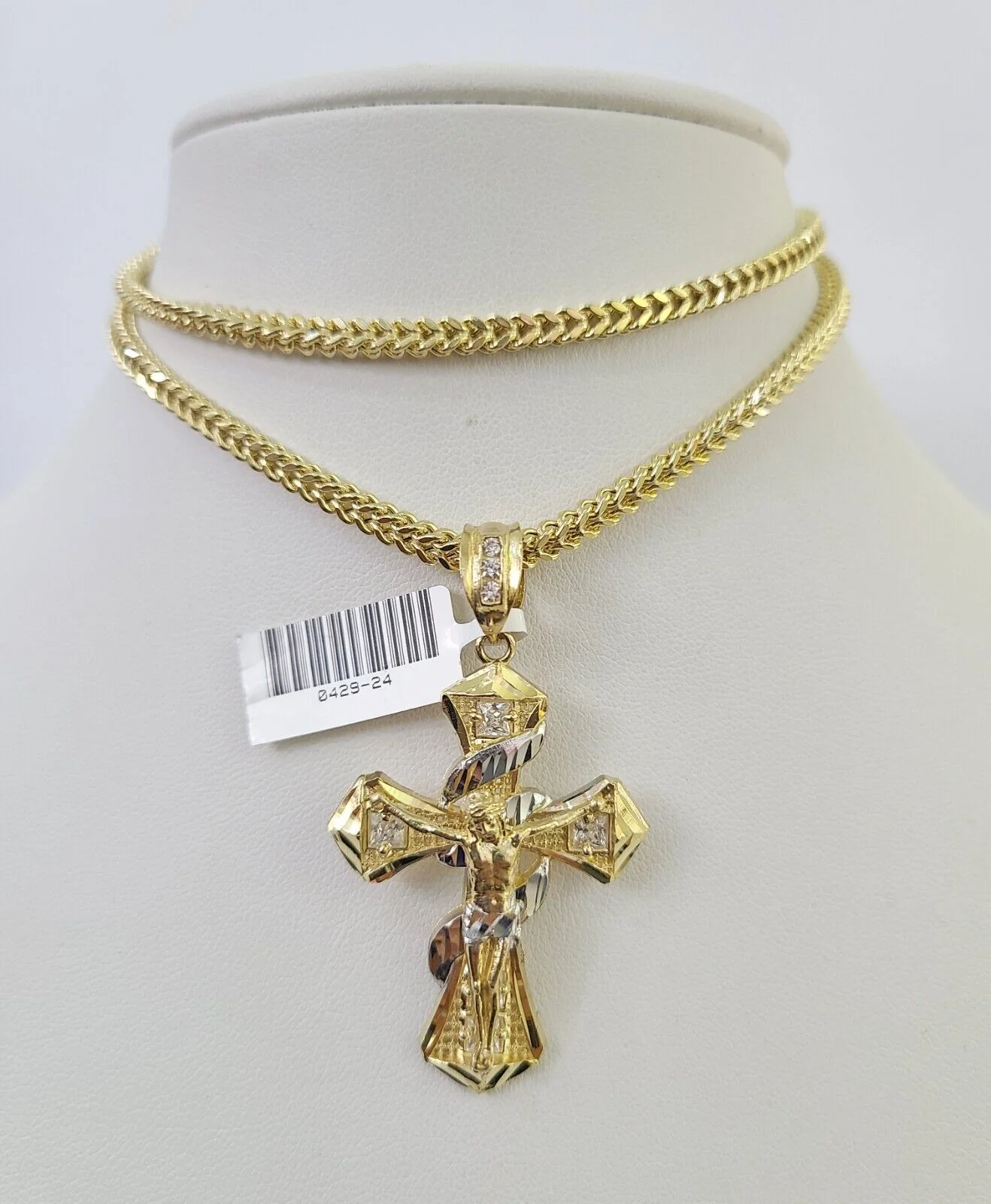 10K Franco Chain Jesus Cross Pendant Charm Necklace 20"-26" 3mm Gold Yellow SET - Image 6