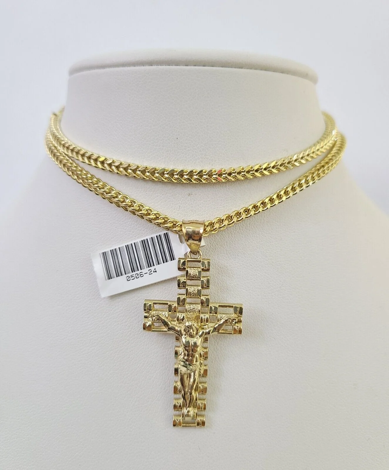 10K Franco Chain Jesus Cross Pendant Charm Necklace 20"-26" 3mm Gold Yellow SET - Image 3