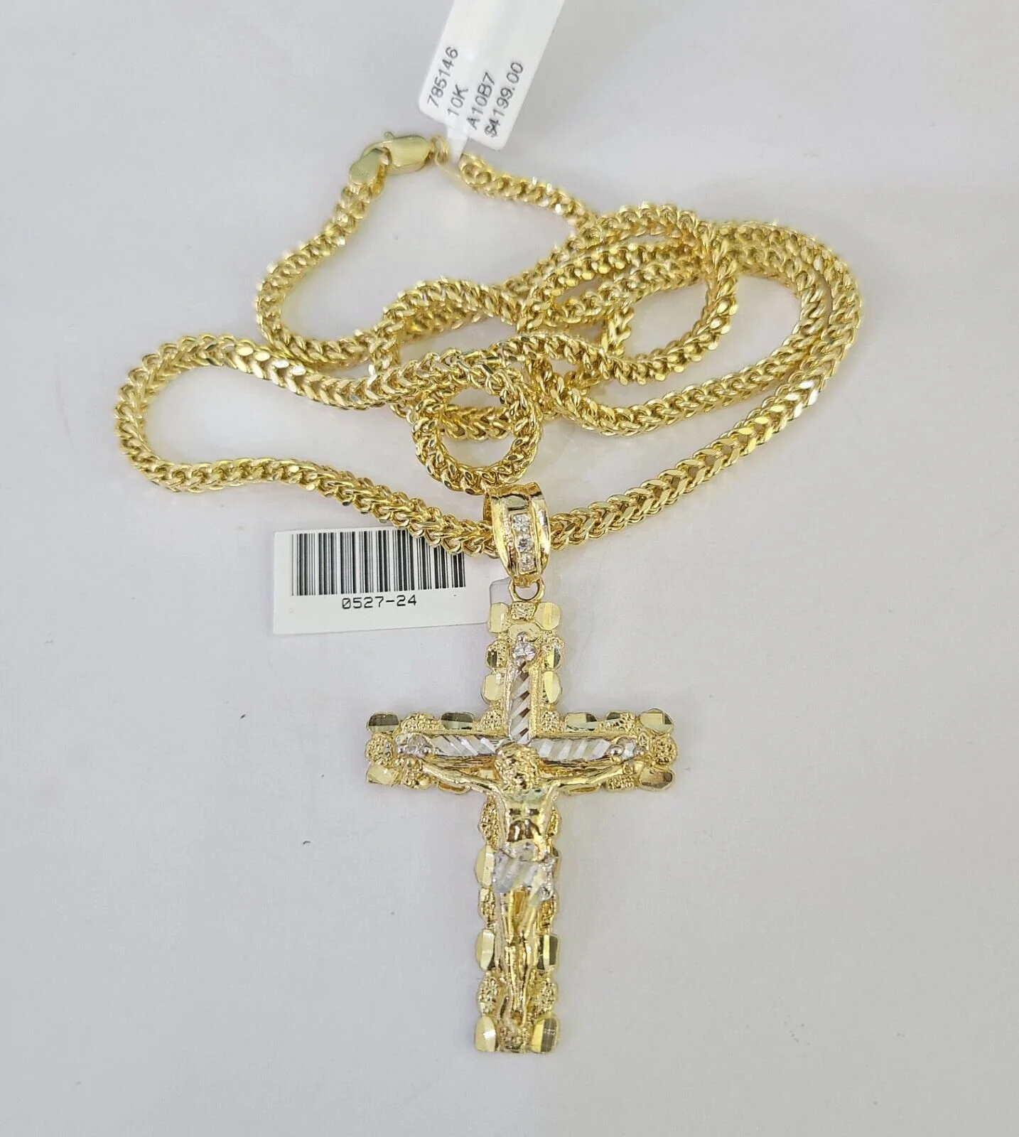 10K Franco Chain Jesus Cross Pendant Charm Necklace 20"-26" 3mm Gold Yellow SET - Image 4