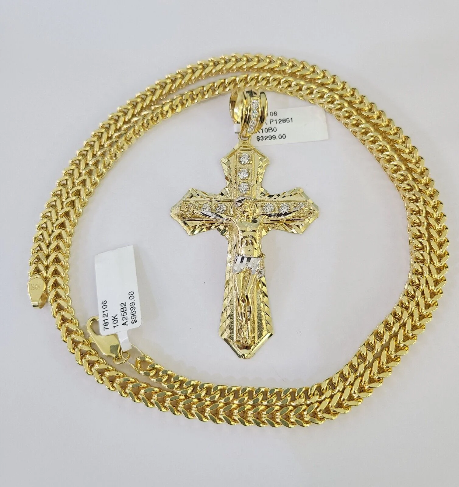 10K Franco Chain Jesus Cross Pendant Charm Necklace 20"-26" 5mm Gold Yellow SET
