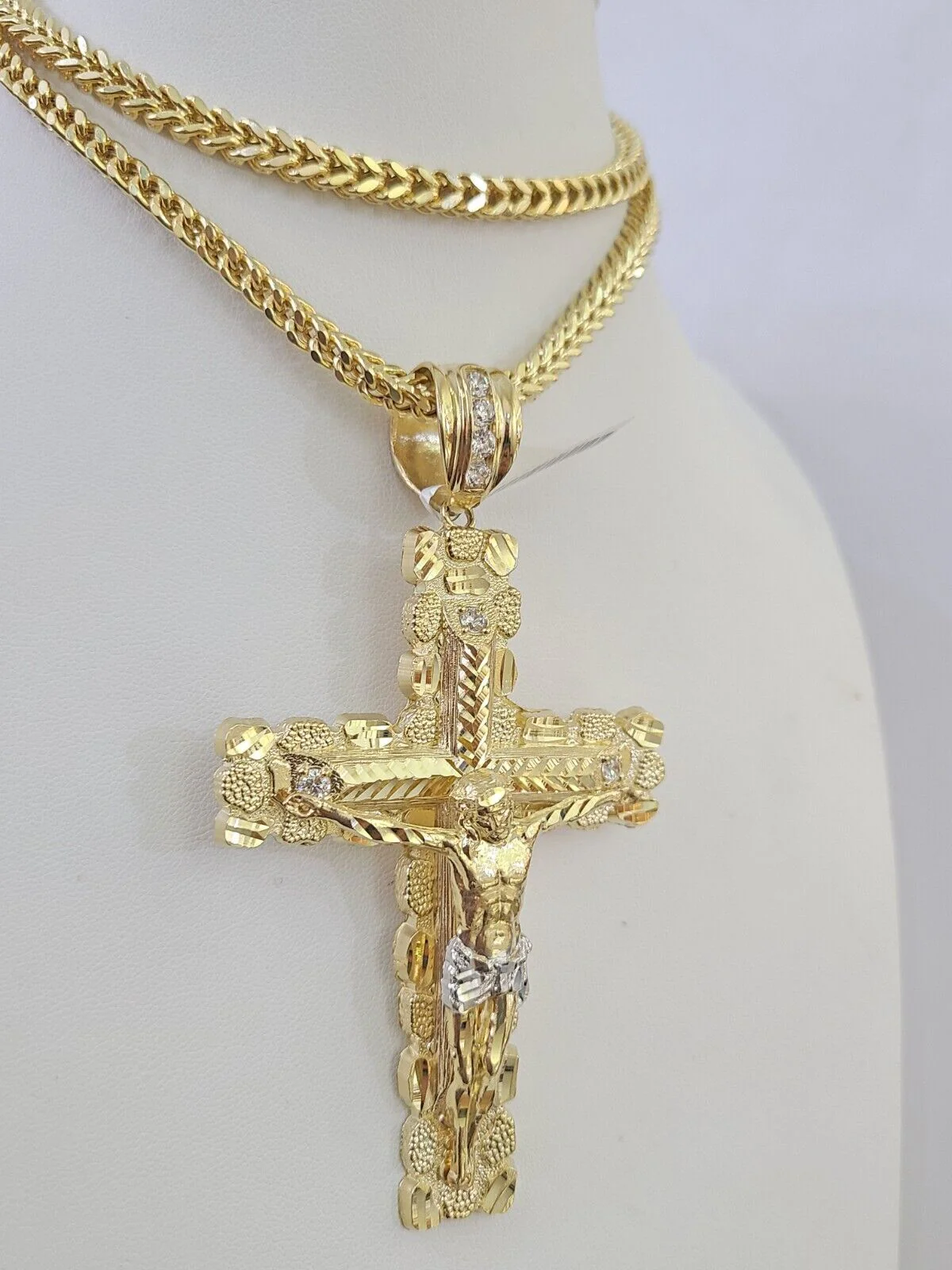 10K Franco Chain Jesus Cross Pendant Charm Necklace 20"-26" 5mm Gold Yellow SET - Image 5