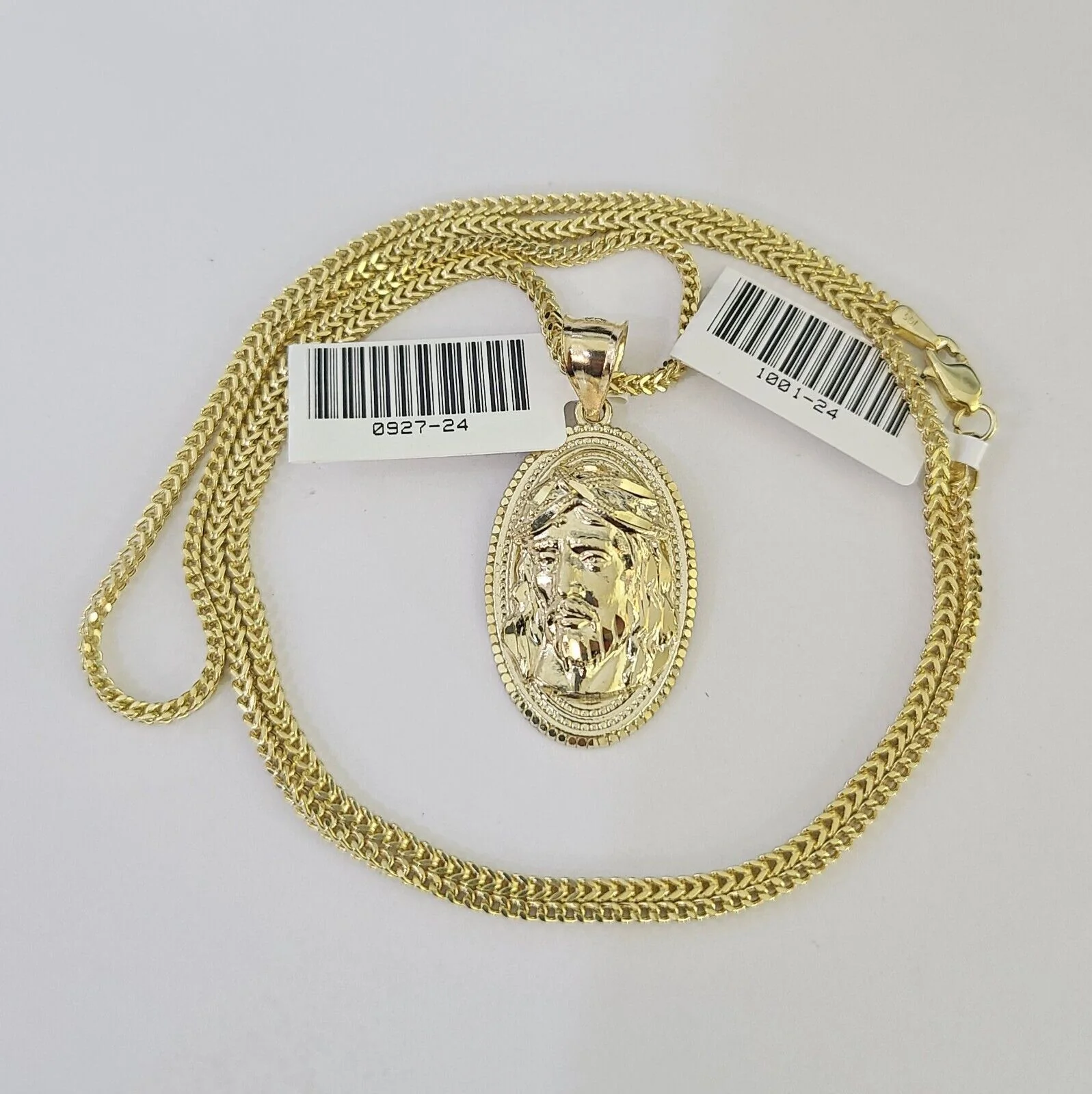 10K Franco Chain Jesus Head Pendant Charm Necklace 16"-24" 2mm Gold SET Yellow - Image 3