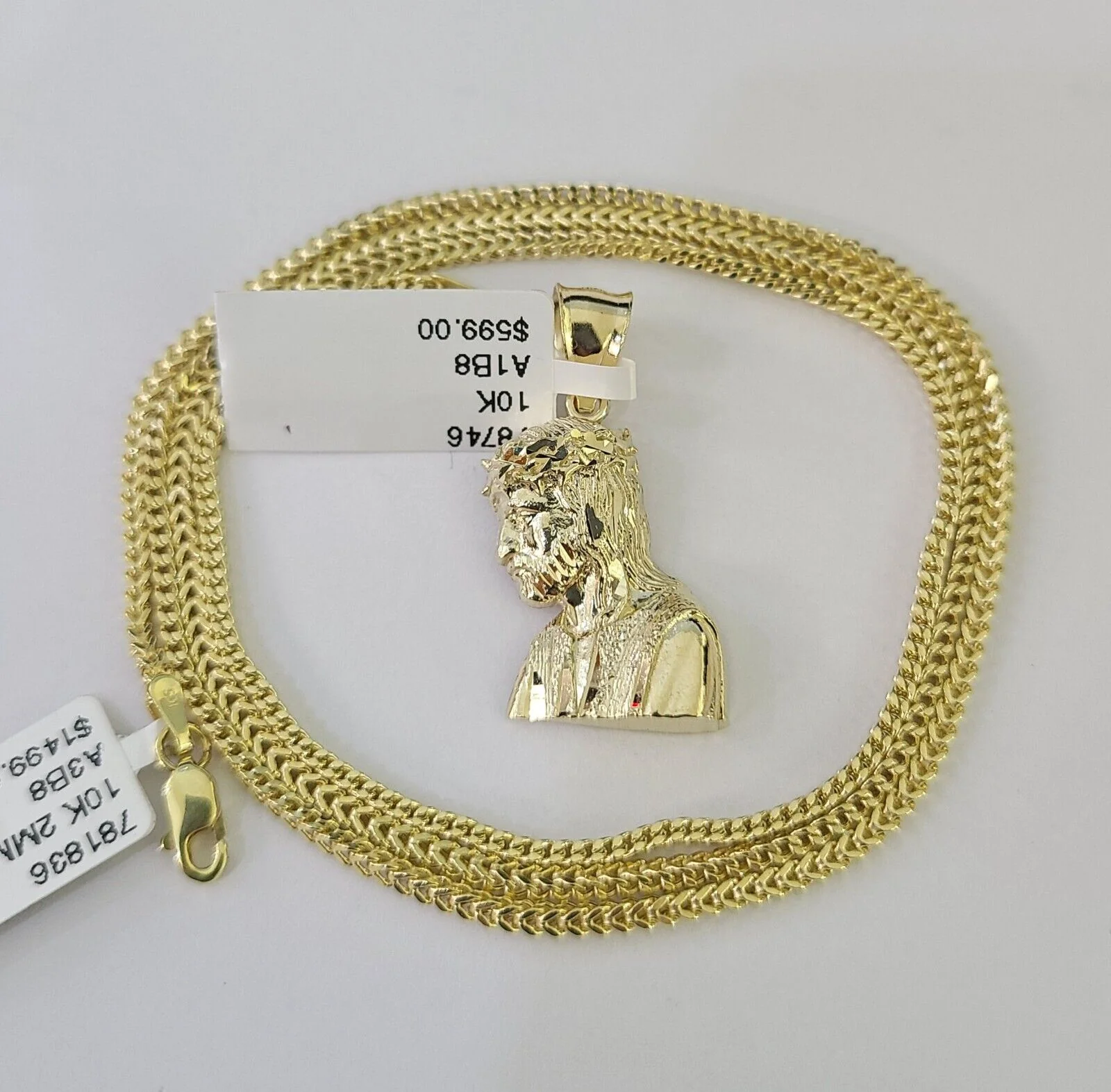 10K Franco Chain Jesus Head Pendant Charm Necklace 16"-24" 2mm Yellow Gold SET - Image 6