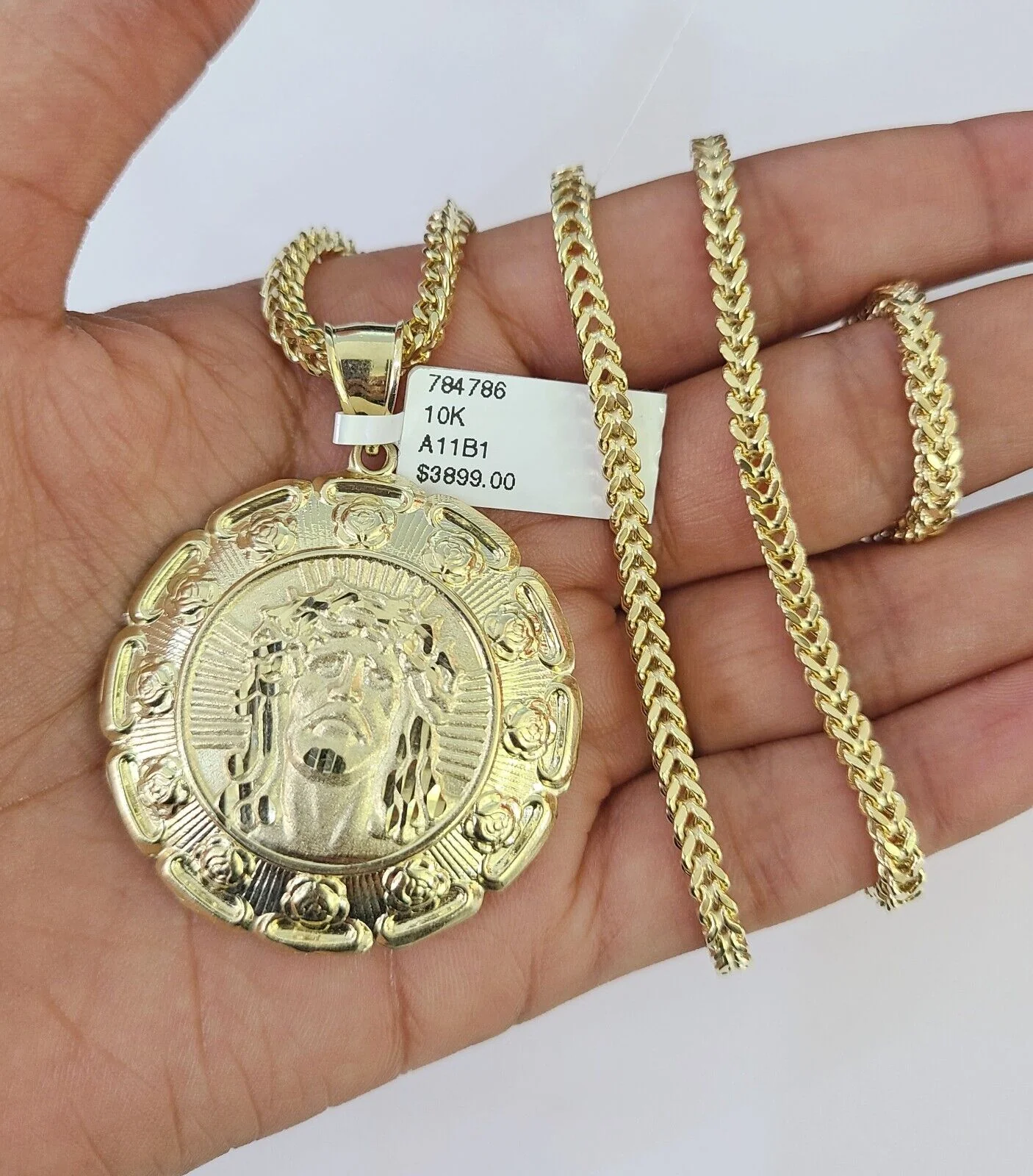10K Franco Chain Jesus Mary Pendant Charm Necklace 20"-26" 3mm Gold Yellow SET - Image 2