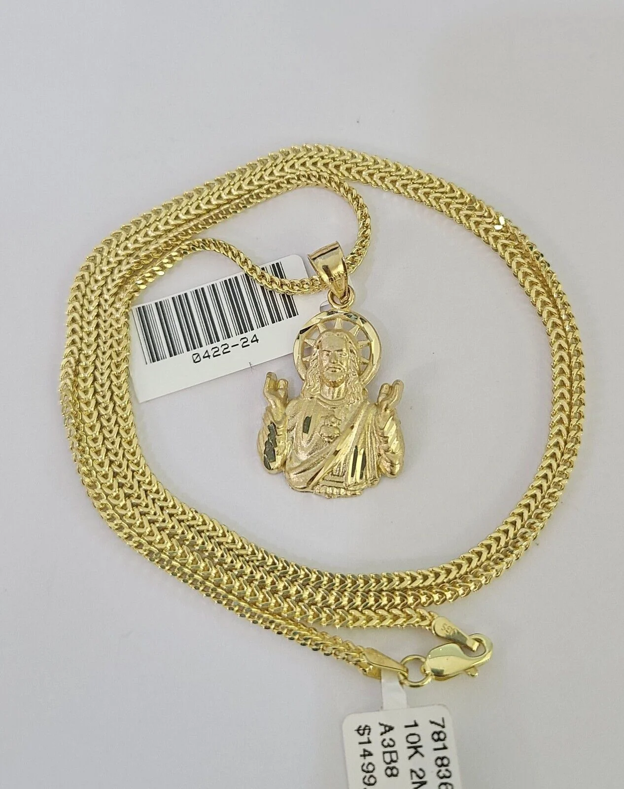 10K Franco Chain Jesus Pendant Charm Necklace 16"-24" 2mm Yellow Gold SET - Image 4