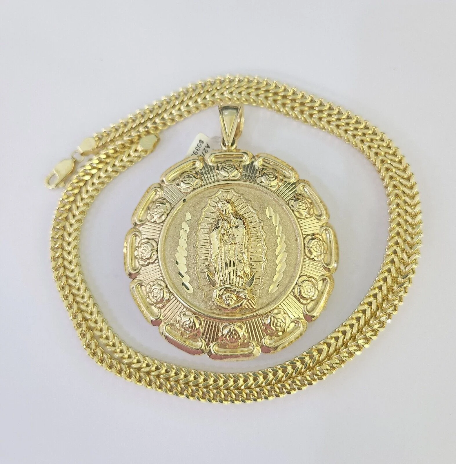 10K Franco Chain Jesus Virgin Mary Pendant Charm Necklace 20"-28" 4mm Gold SET - Image 2