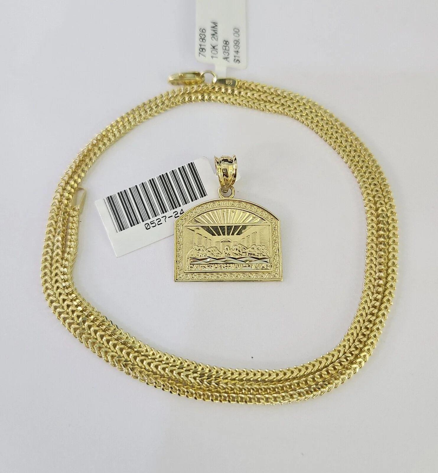 10K Franco Chain Last Supper Pendant Charm Necklace 16"-24" 2mm Gold SET Yellow - Image 6