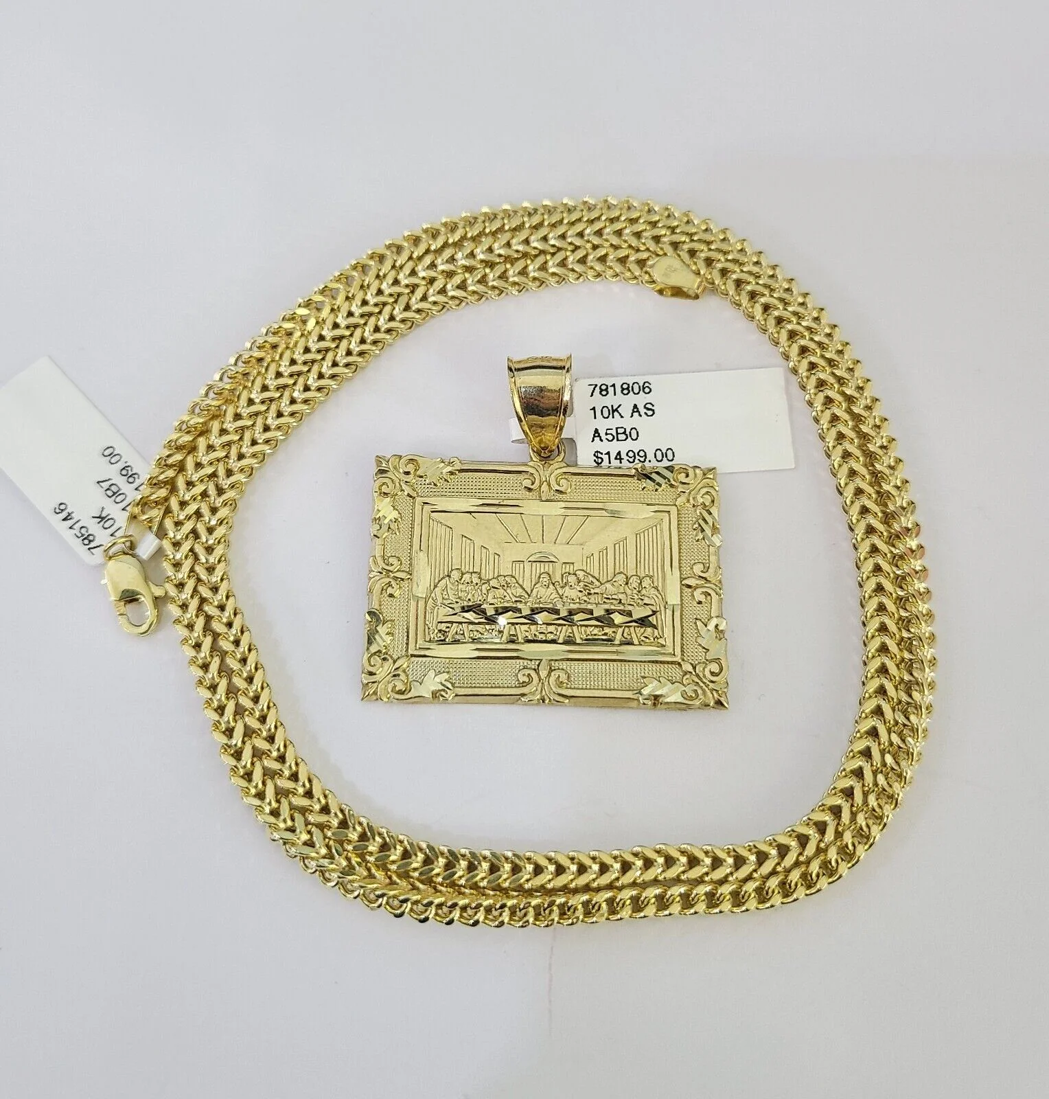 10K Franco Chain Last Supper Pendant Charm Necklace 20"-26" 3mm Yellow Gold SET - Image 3
