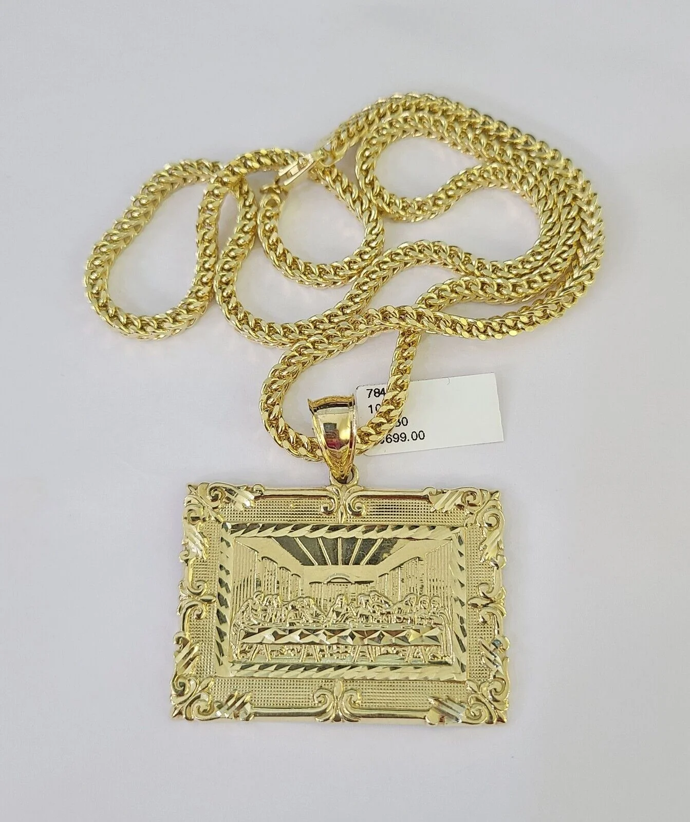 10K Franco Chain Last Supper Pendant Charm Necklace 20"-28" 4mm Yellow Gold SET - Image 5