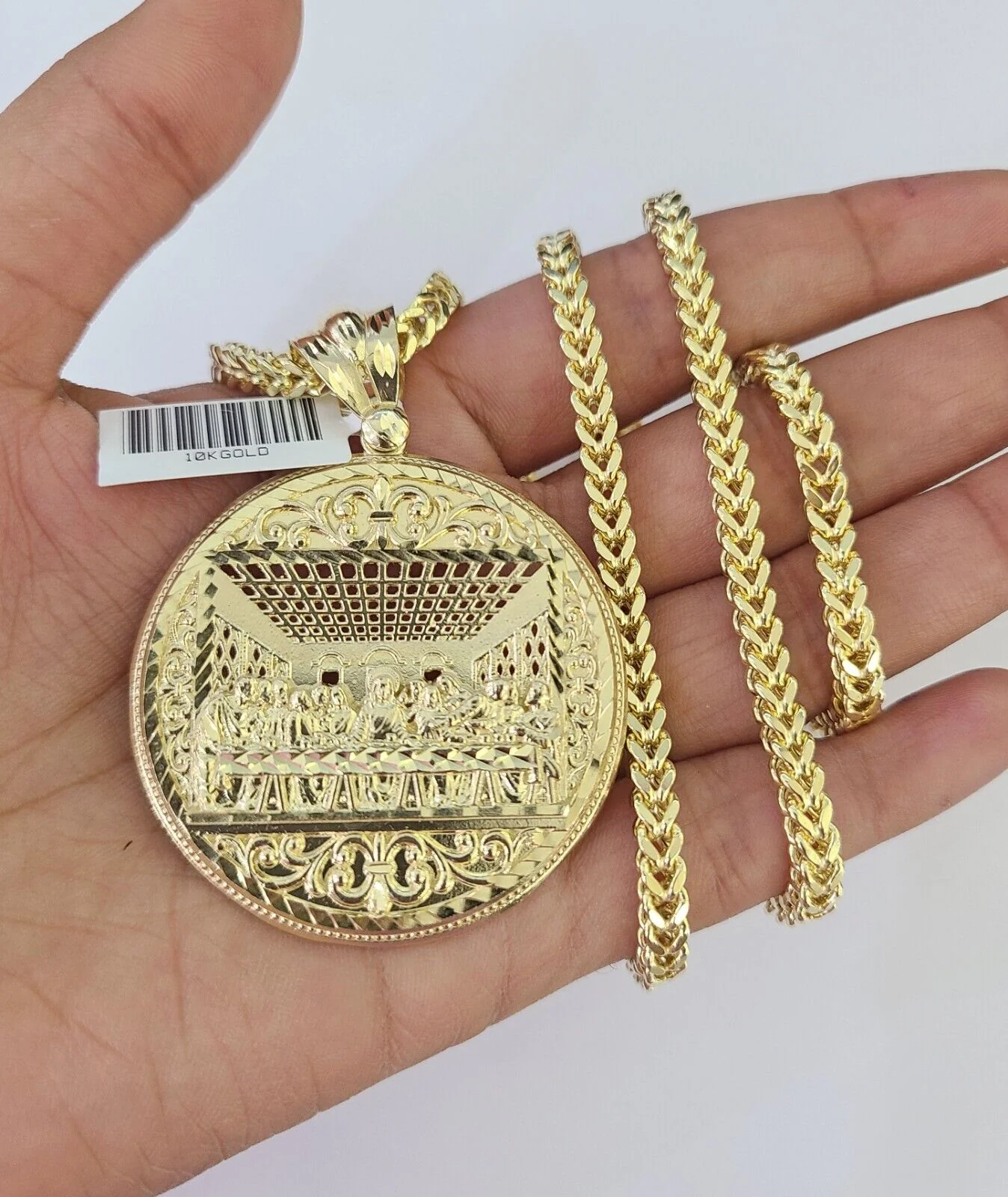 10K Franco Chain Last Supper Pendant Charm Necklace 20"-28" 4mm Yellow Gold SET - Image 4