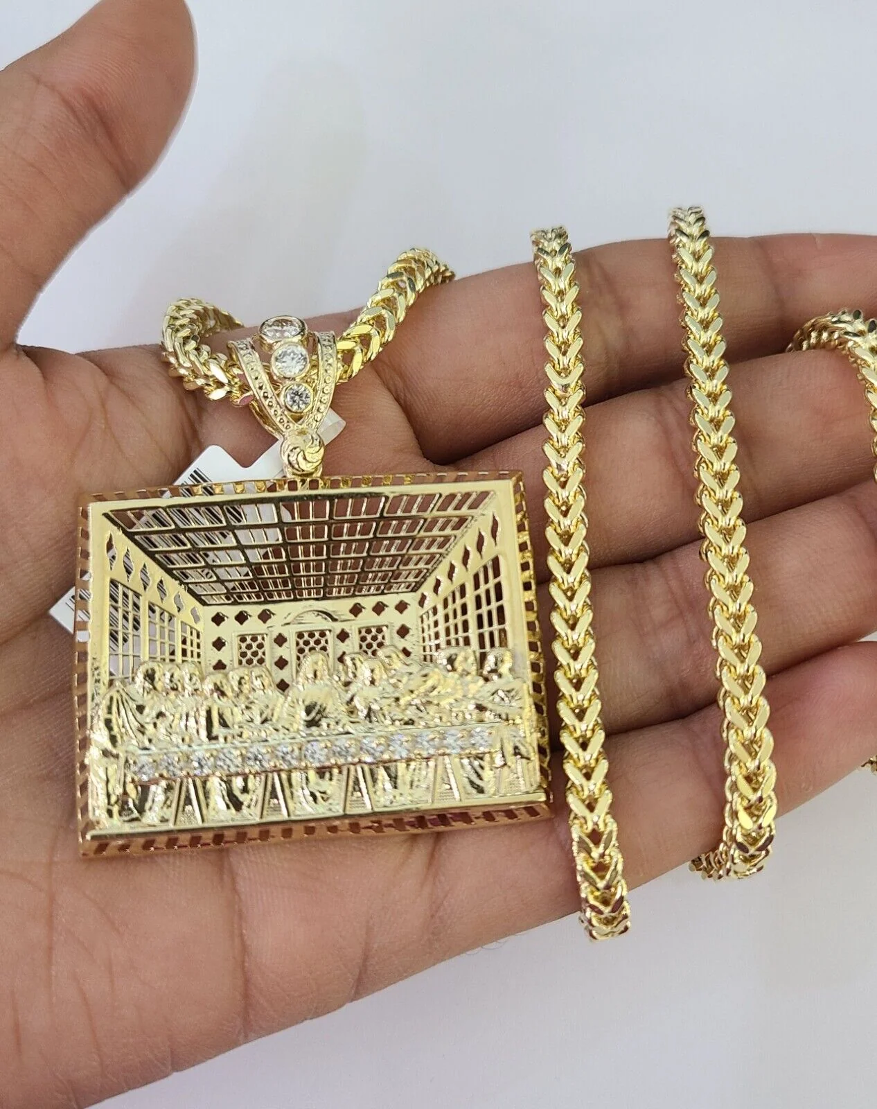 10K Franco Chain Last Supper Pendant Charm Necklace 20"-28" 4mm Yellow Gold SET - Image 3