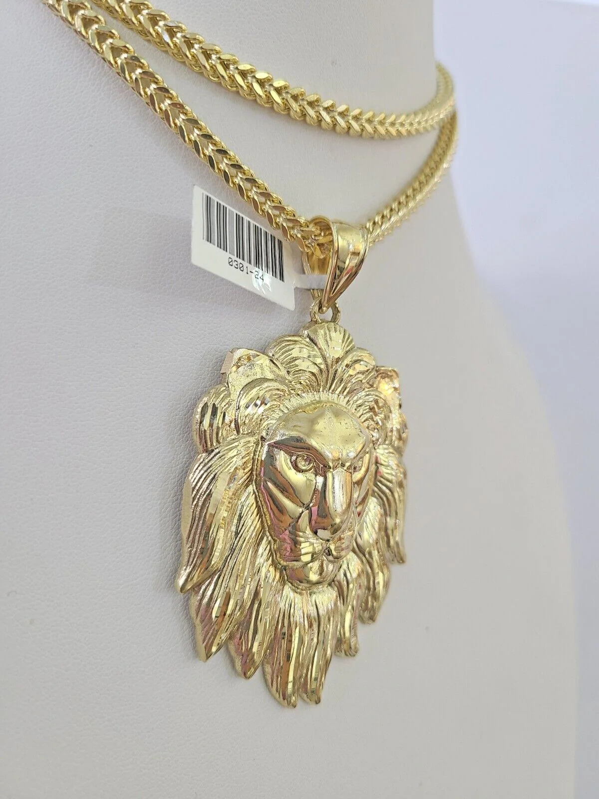 10K Franco Chain Lion Pendant Charm Necklace 20"-28" 4mm Gold SET Yellow - Image 6
