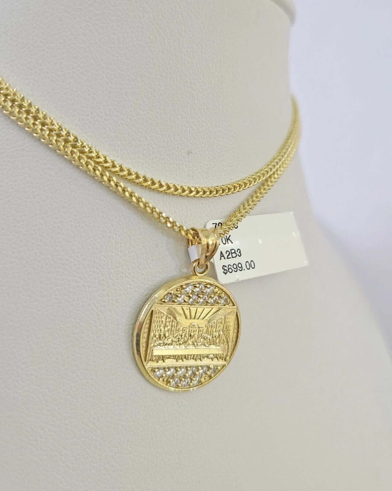 10K Franco Chain Last Supper Pendant Charm Necklace 16"-24" 2mm Gold SET - Image 2