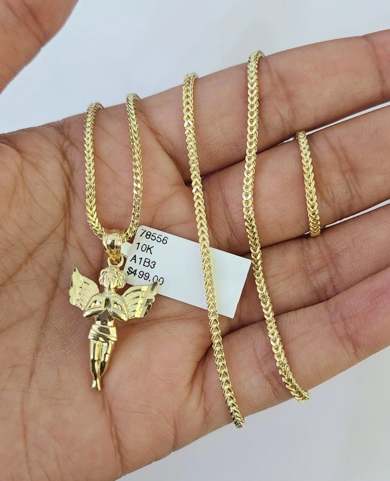 10K Franco Chain Praying Angel Pendant Charm Necklace 16"-24" 2mm Gold SET - Image 4