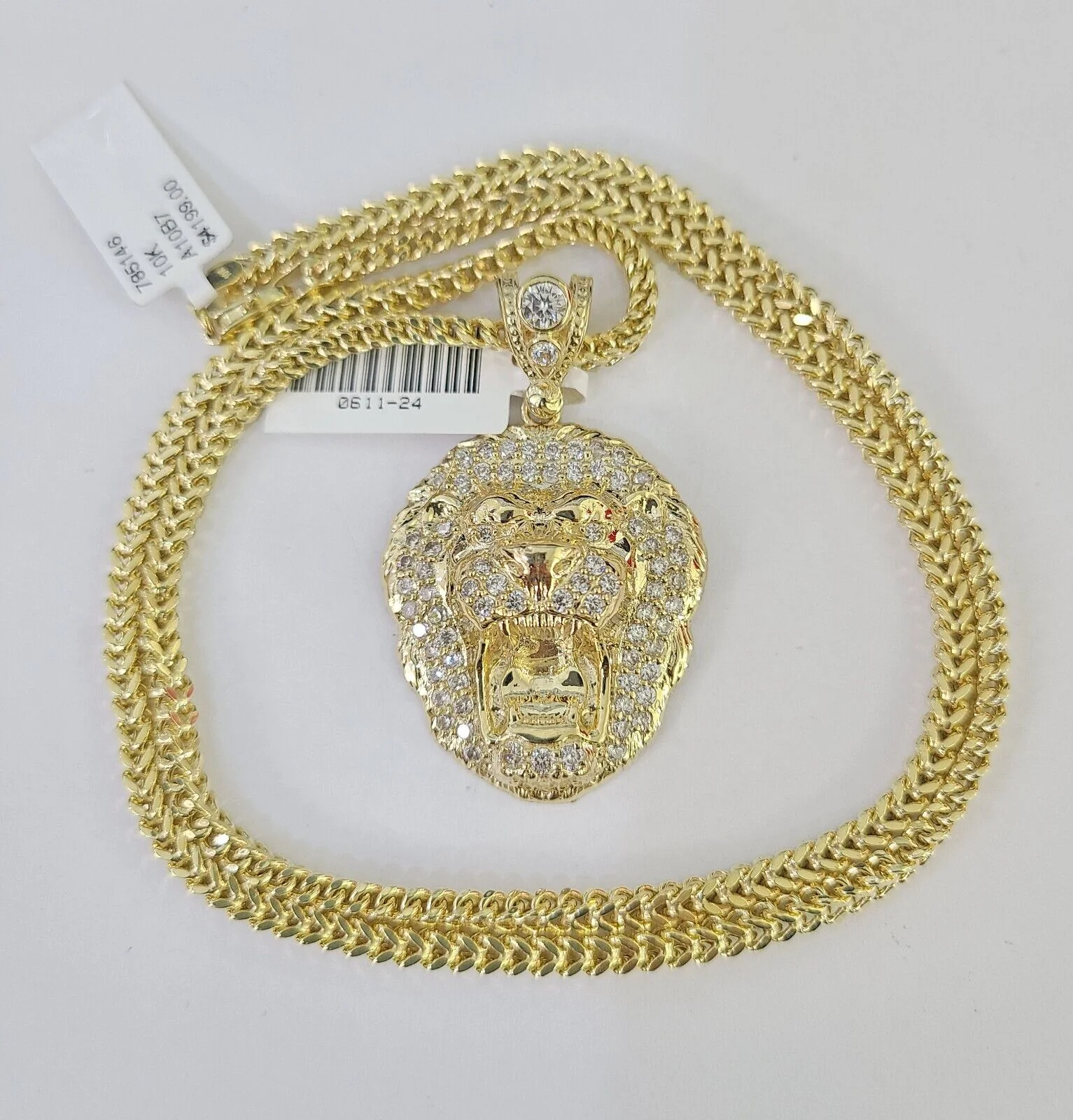 10K Franco Chain Roaring Lion Pendant Charm Necklace 20"-26" 3mm Gold Yellow SET - Image 3