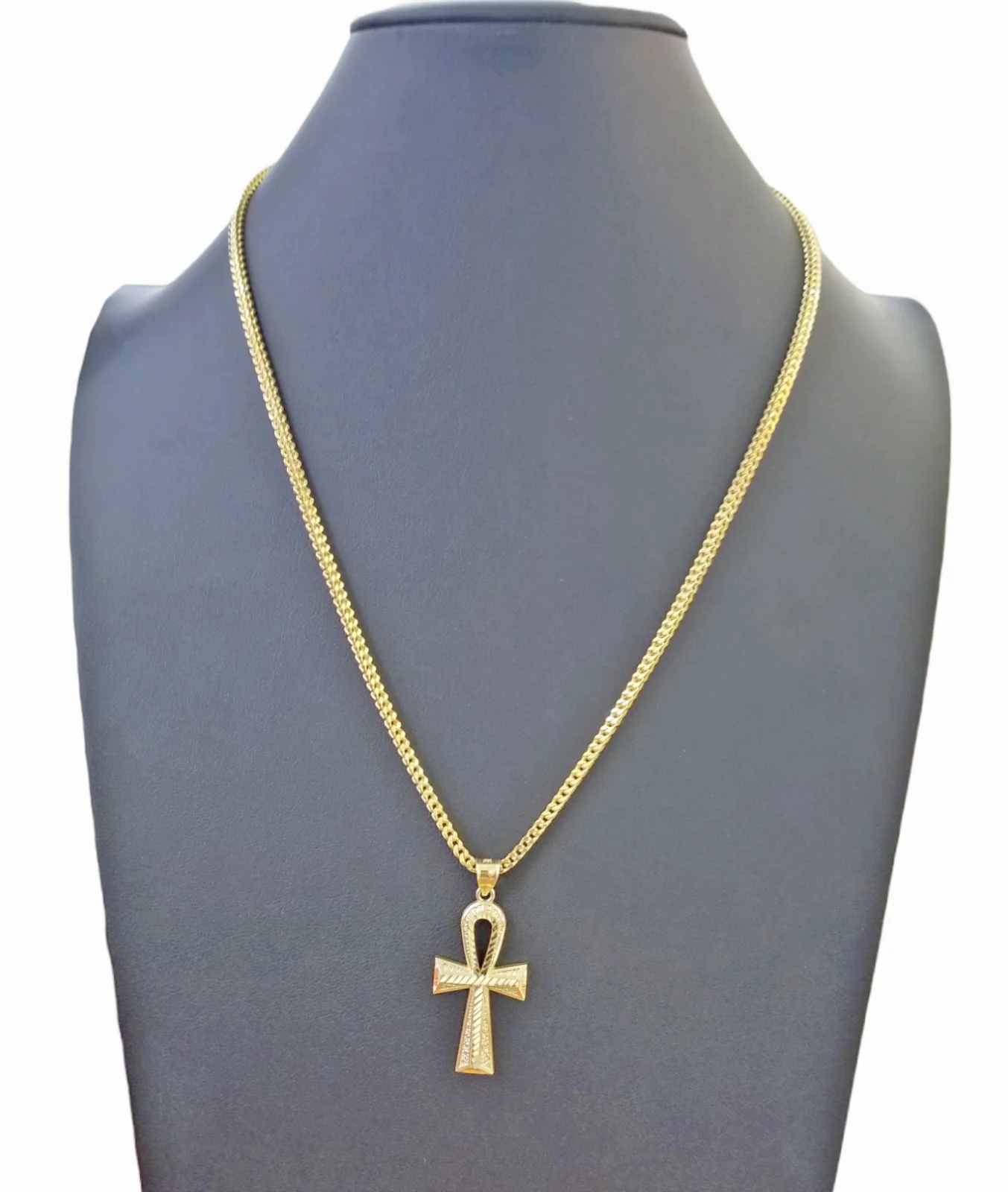 10K Gold Ankh Cross Egyptian Symbol Pendant Charm 4mm Franco Chain 22 Inch - Image 5