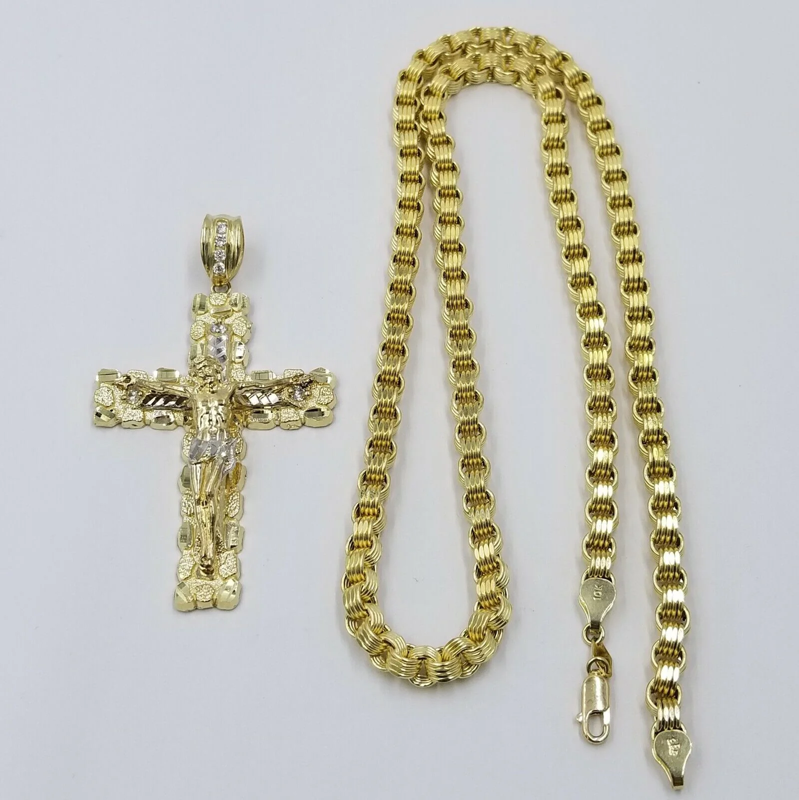 10k Gold Byzantine 24" Necklace Jesus Nugget Cross Pendant 3" Charm 5mm Chain - Image 4