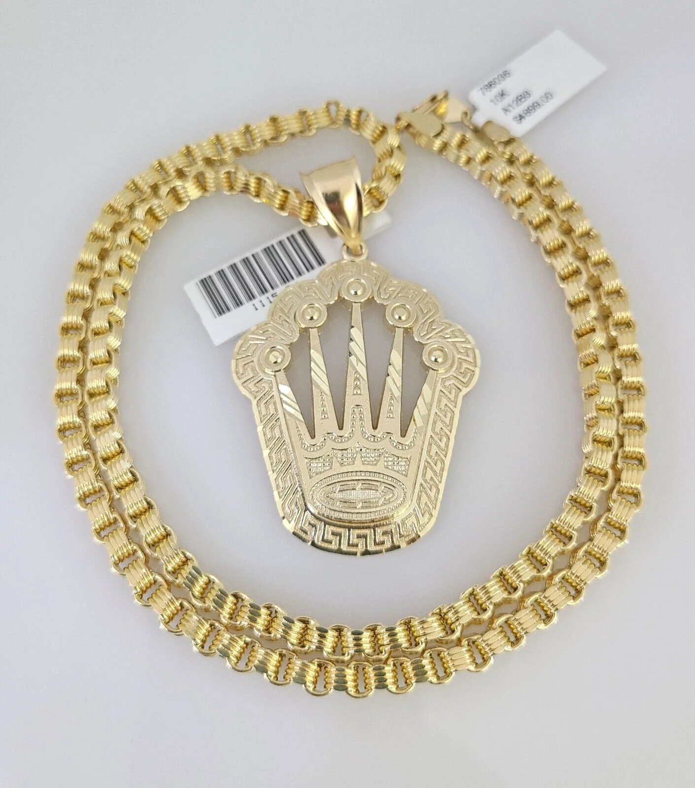 10k Gold Byzantine Box Necklace Crown Pendant Charm 20"-30" SET 4mm Chain