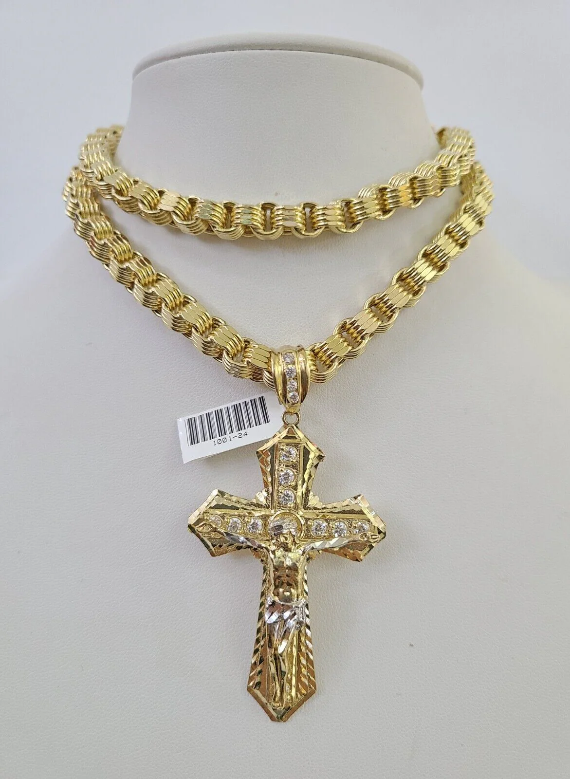 10k Gold Byzantine Chain Necklace Jesus Cross Pendant Charm SET 20"-30" 7.5mm - Image 2