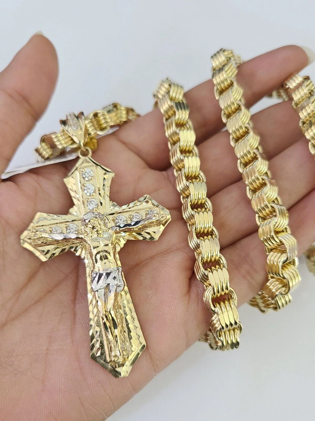10k Gold Byzantine Chain Necklace Jesus Cross Pendant Charm SET 20"-30" 7.5mm - Image 5