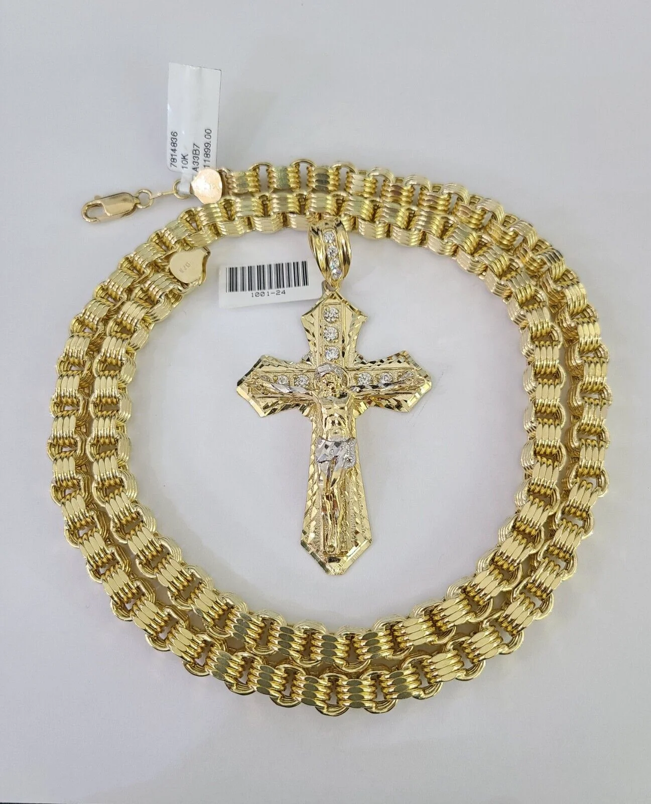 10k Gold Byzantine Chain Necklace Jesus Cross Pendant Charm SET 20"-30" 7.5mm - Image 6
