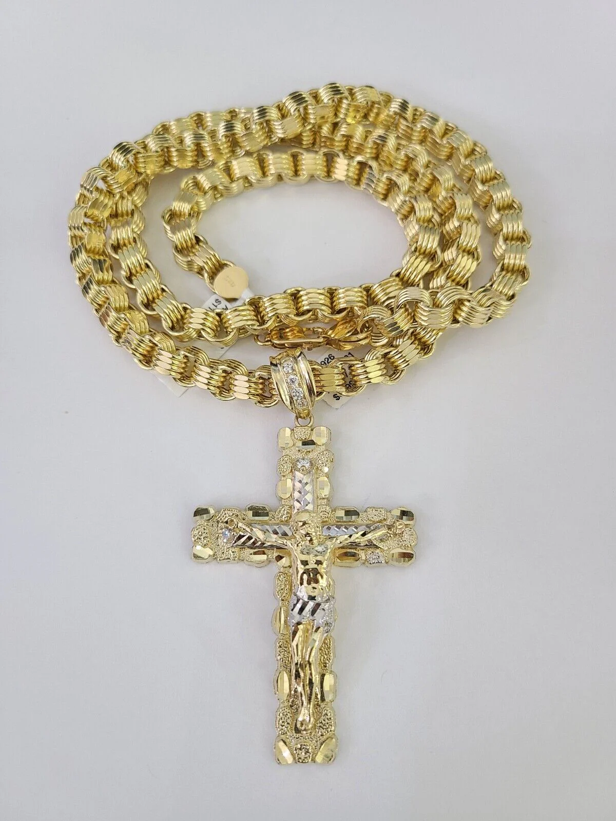 10k Gold Byzantine Chain Necklace Nugget Cross Pendant Charm SET 20"-30" 7.5mm