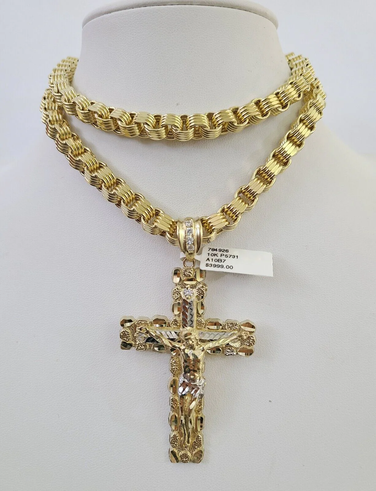 10k Gold Byzantine Chain Necklace Nugget Cross Pendant Charm SET 20"-30" 7.5mm - Image 4